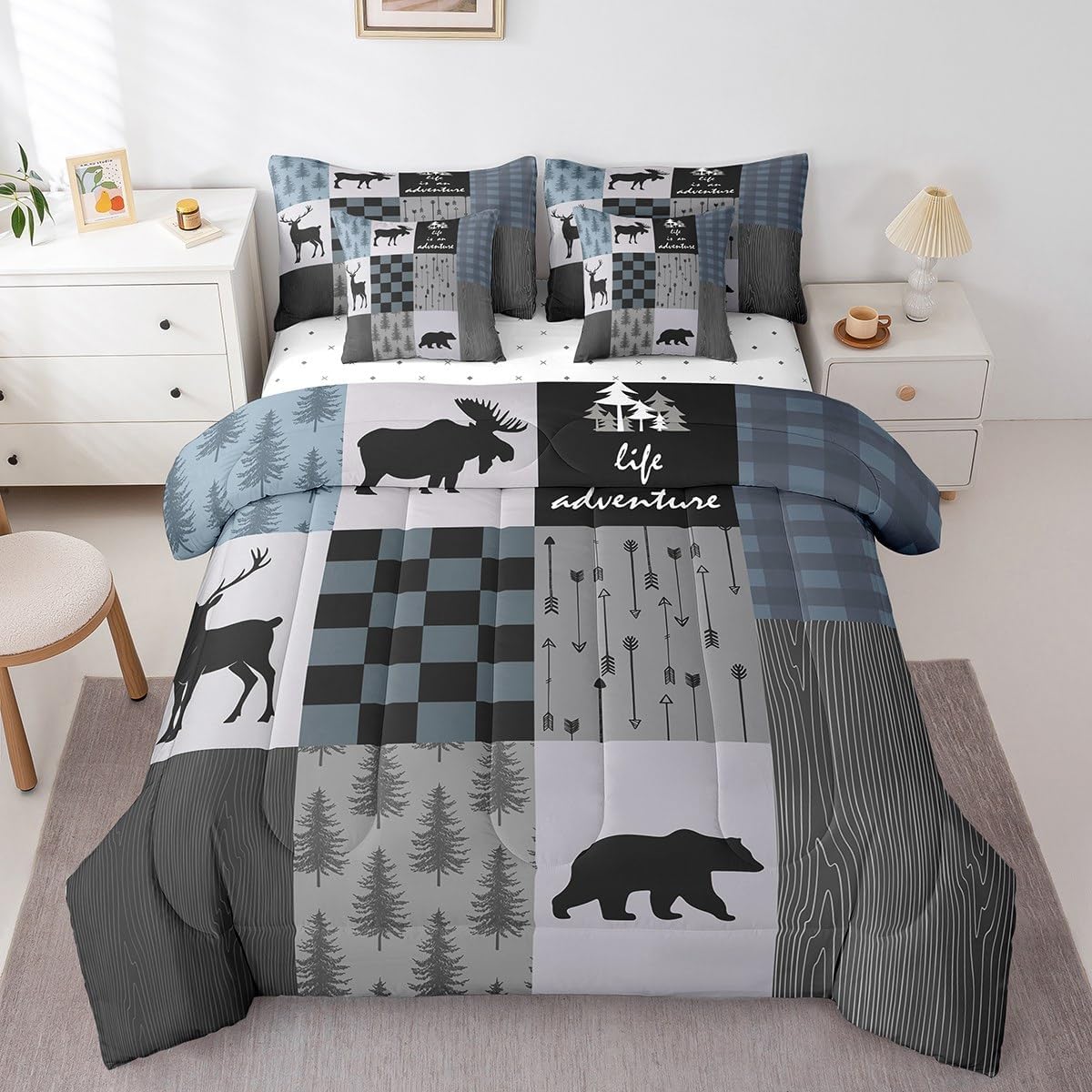 Deer Bear Elk Comforter Set with Sheets Twin Size, Farmhouse Lodge Bed in a Bag 7 Pieces Farm Forest Cabin Bed in a Set Wildlife Animal Comforter 7 PCS