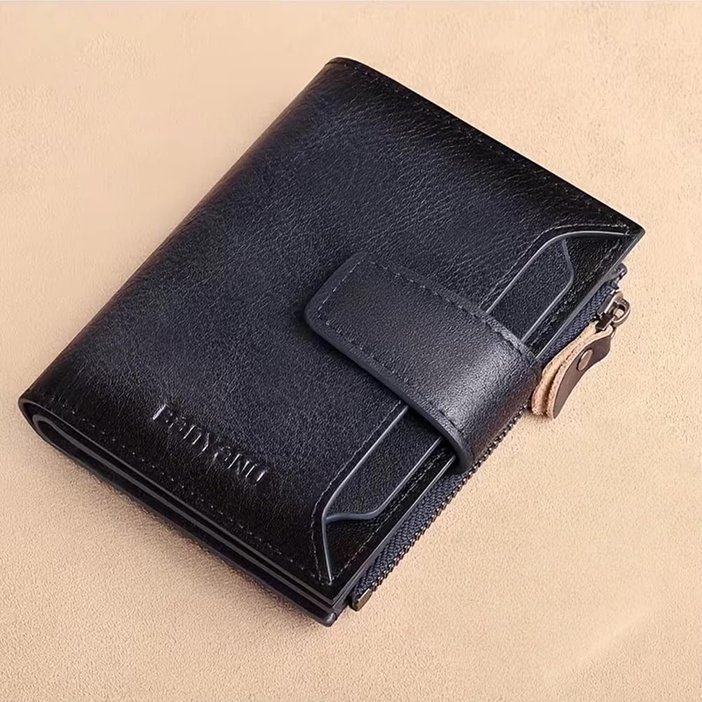 Mens RFID Blocking Wallet, Vintage RFID Blocking Large Capacity Wallet with Zipper for Men with 16 Credit Card Slots and 1 ID Window, Blue-gray