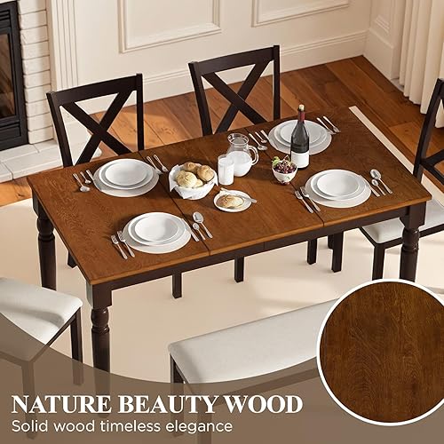 Miniatura 3 de Juego de mesa de comedor de madera maciza de 6 piezas, silla tapizada con asiento de banco, asientos para 6 personas, juego de sillas de cocina