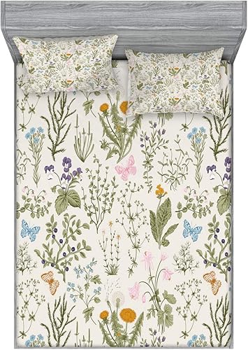 Ambesonne - Juego de sábanas bajeras y fundas de almohada, diseño clásico botánico, plantas de jardín vintage, juego de 3 piezas con estampado
