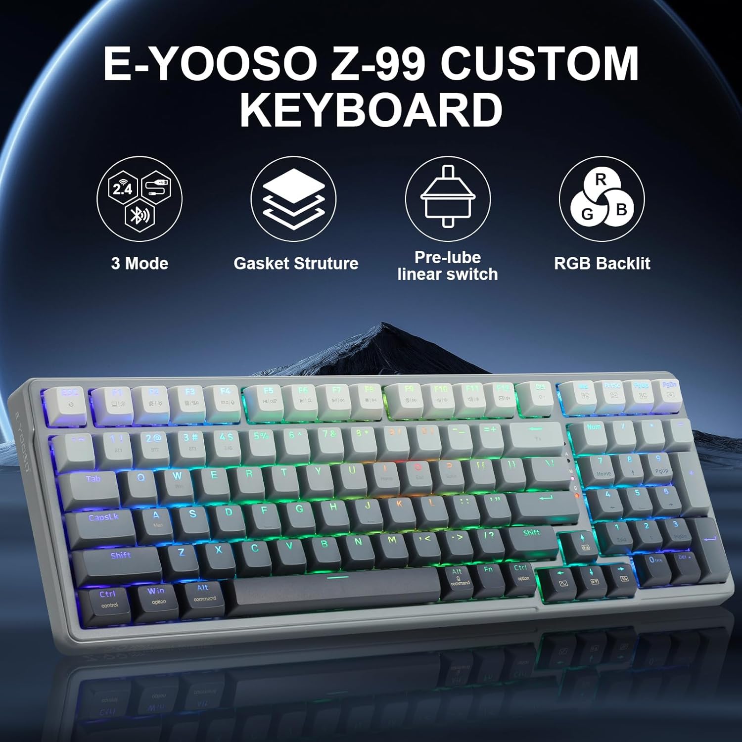 E-YOOSO Wireless Bluetooth Mechanical Keyboard, 99 Keys Wired Gaming Keyboard RGB Backlit, Hot Swappable Pre-lubed Linear Switches, Gasket Soundproof Foam, Office Work Keyboard, Gradient Gray