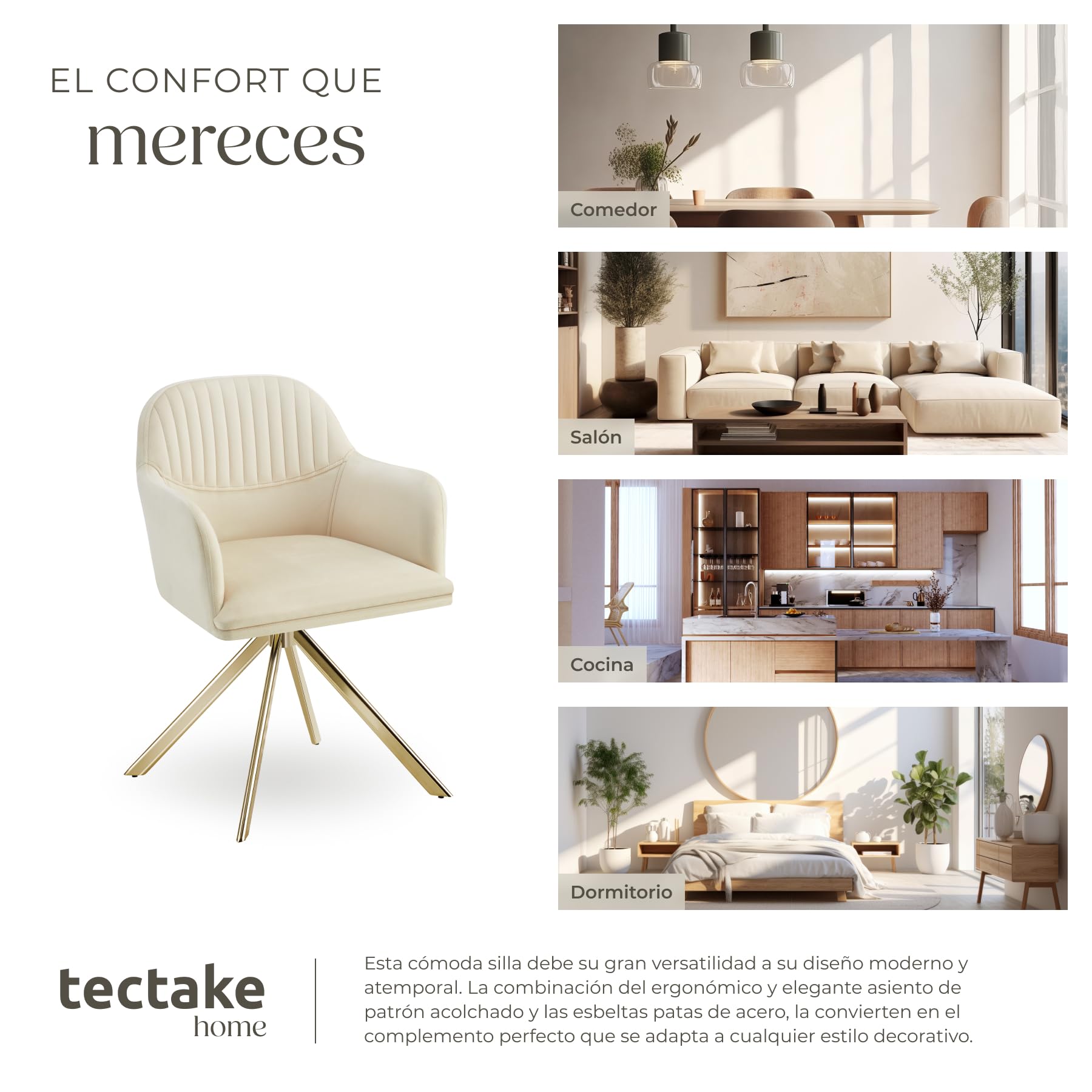 tectake® Silla Giratoria Tapizada con Respaldo Continuo, Patas de Acero Giratorias 360º, Silla Dormitorio, Butacas de Salon, Sillas Comedor, Silla Comedor Nordica - 1 Silla Crema/Oro