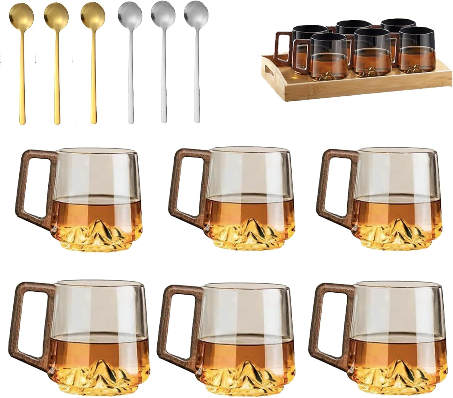 Smokey Gray Glass Slanted Coffee Cups With Wooden Handle, Creative Wonder Mountain Bottom Wood Handle Cup, Mountain View Whiskey Glass with Wood Handle, Wooden Coffee Mugs (Gray, 2PC)
