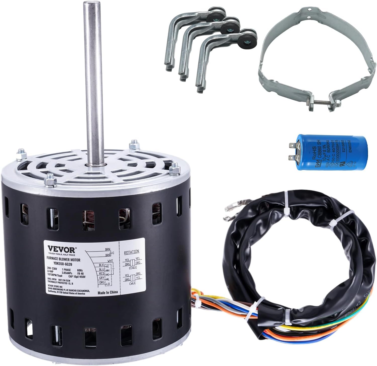 VEVOR 3/4HP Furnace Blower Motor, 208/230V 3.85Amps, 1075RPM 5 Speeds, CW/CCW Rotation, 48 Frame 4.8" Shaft Length, 10μF/450V Capacitor + 11" Hold Hoop