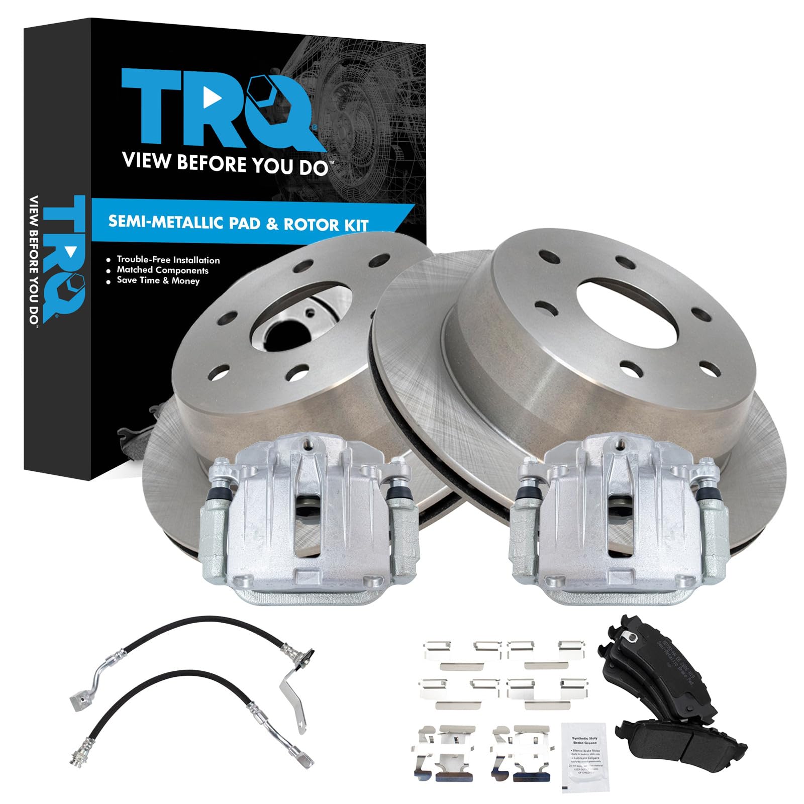 TRQ Rear Brake Pad and Rotor Set Semi Metallic Rotors Calipers Compatible with 2002 Chevrolet Silverado 1500 Sierra 1500