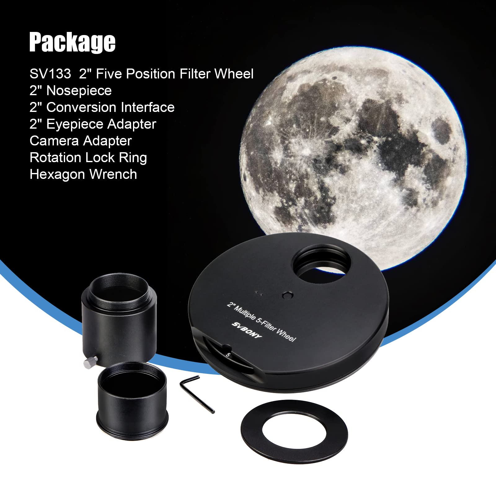 SVBONY SV133 - Ruota filtrante multipla a 5 posizioni per telescopio con adattatore oculare da 2" e anello di bloccaggio