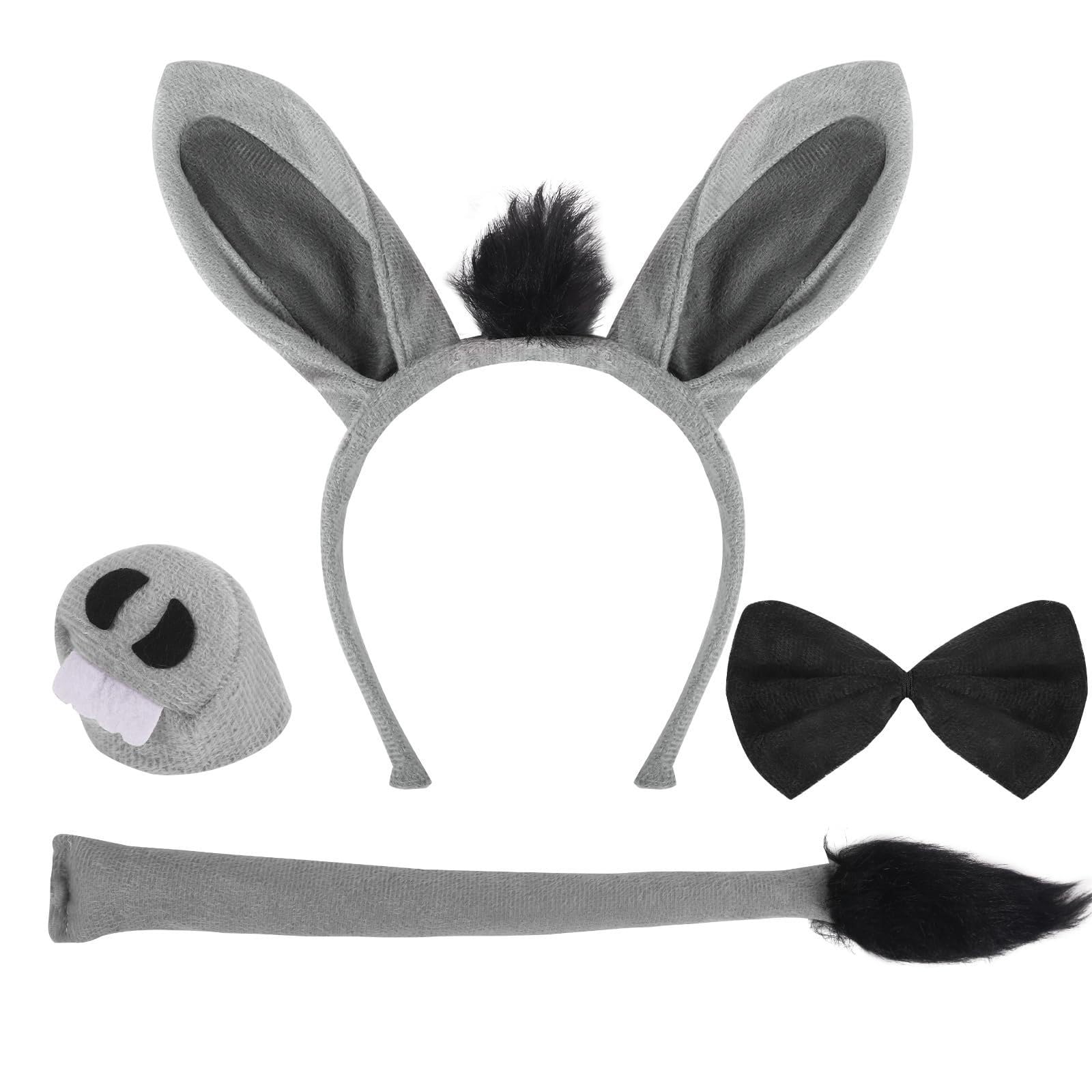 HUAJYAS 4 Pcs Donkey Costume Set,Donkey Fancy Dress Outfit Including Donkeys Ears Headband Nose Tail Bow Tie,Funny Animal Cosplay Accessories for Halloween Carnival Cosplay Theme Party