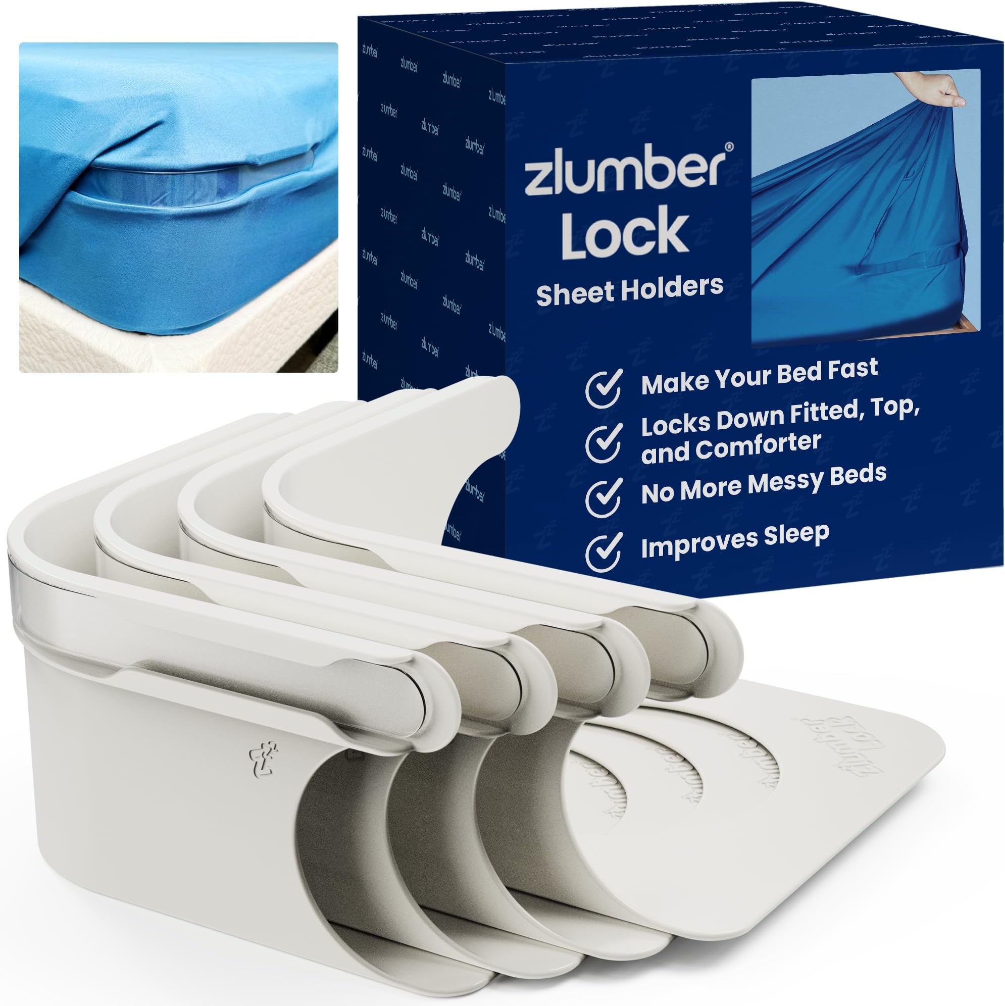 ZlumberLock Bed Sheet Clips - Sheet Holders for Bedding with Heavy-Duty Mattress Straps - Fitted Sheet Grippers, Universal Fit, Easy One-Time Set Up