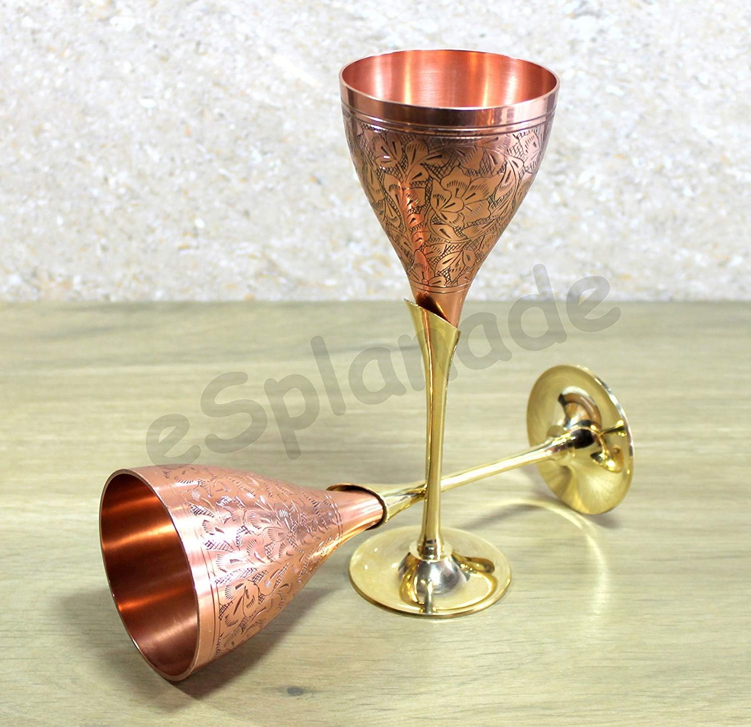StonKraft Engraved Brass Goblets Champagne Glasses Flutes Coupes Wine Glass Set (Copper Finish)