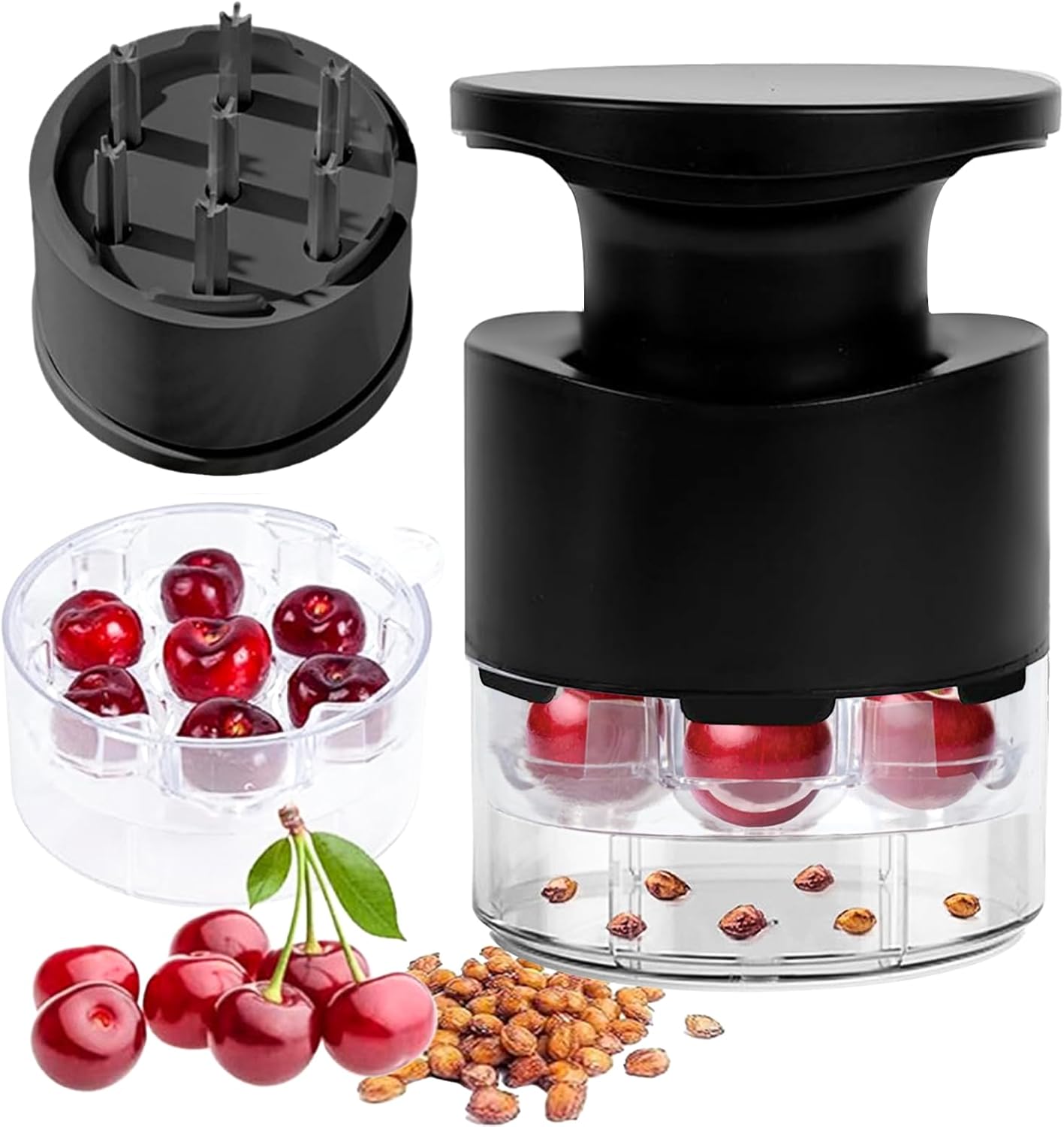 Cherry Pitter Manual Cherry Stone Remover with 2 Chamber System for Quick and Easy Coring, Portable Kitchen Aid Ideal for Fresh Cherries, Cakes, Desserts and Jams (Black)