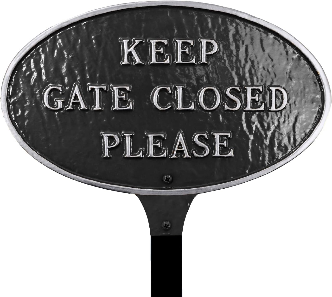 Montague Metal Products SP-94sm-LS-BS Keep Gate Closed Please Small Oval Lawn Stake-Black/Silver Statement Plaque, 6 x 10 Lawn Mount 6 x 10 in Black/Silver