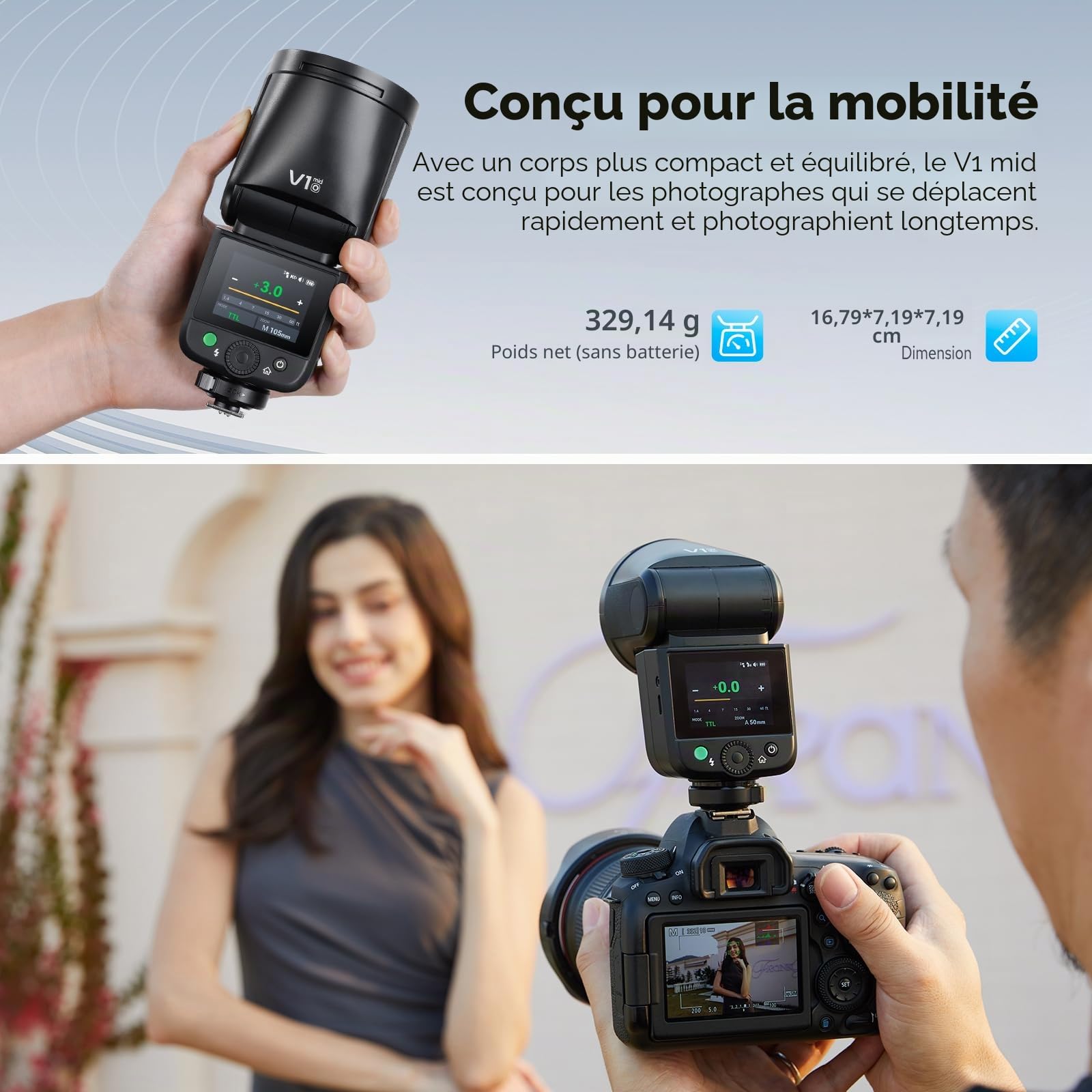 Godox V1 Mid O Flash pour Olympus, 55Ws 2.4G TTL Tête Ronde Flash pour Appareil Photo Panasonic HSS 1/8000s, 650 Flashes à Pleine Puissance, Commande par écran Tactile, Lampe Pilote LED à 10 Niveaux