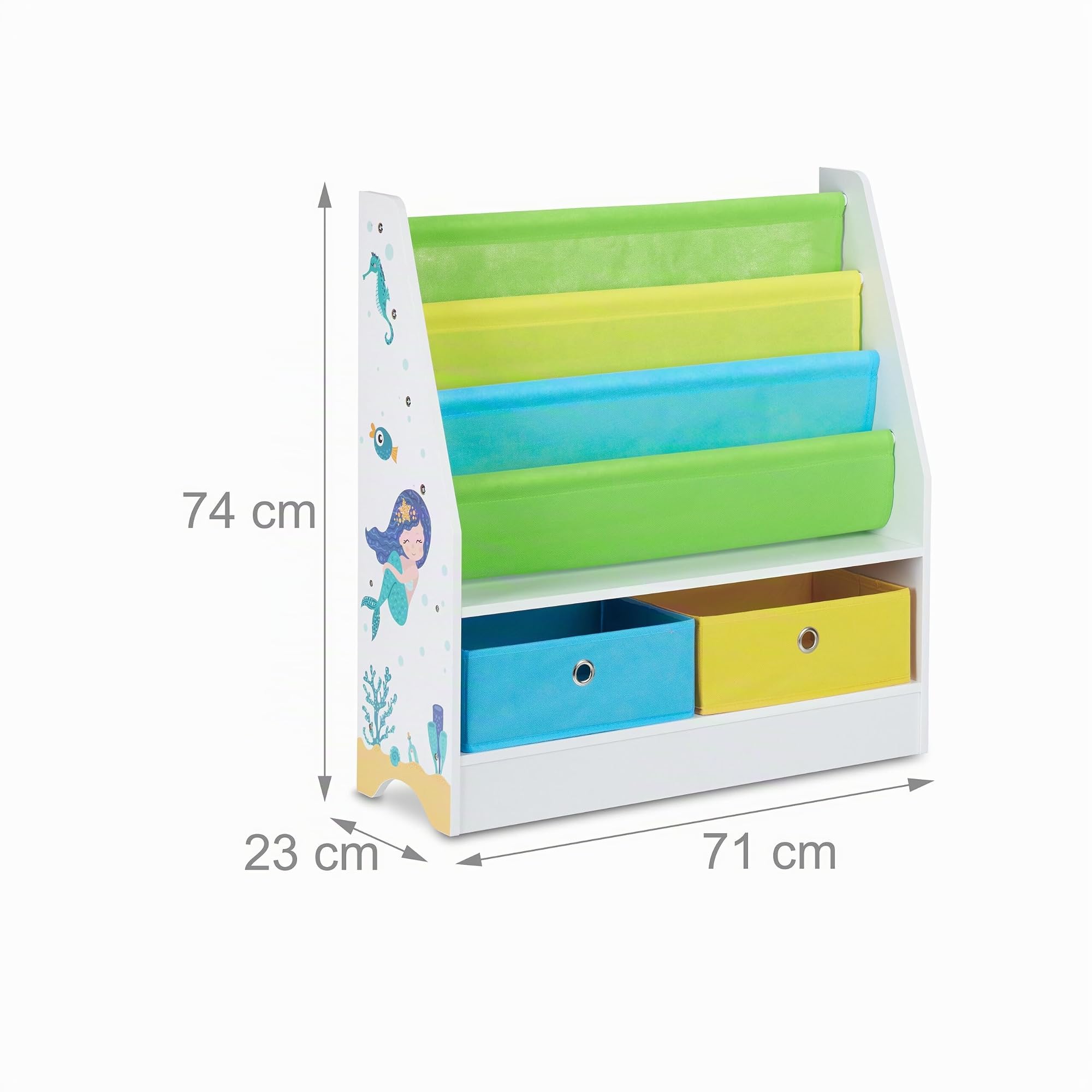 Relaxdays Estantería Infantil, Diseño Marino, 2 Cajas y 3 Bolsas Tela, Mueble Juguetes, Librería, 74x71x23cm, Multicolor