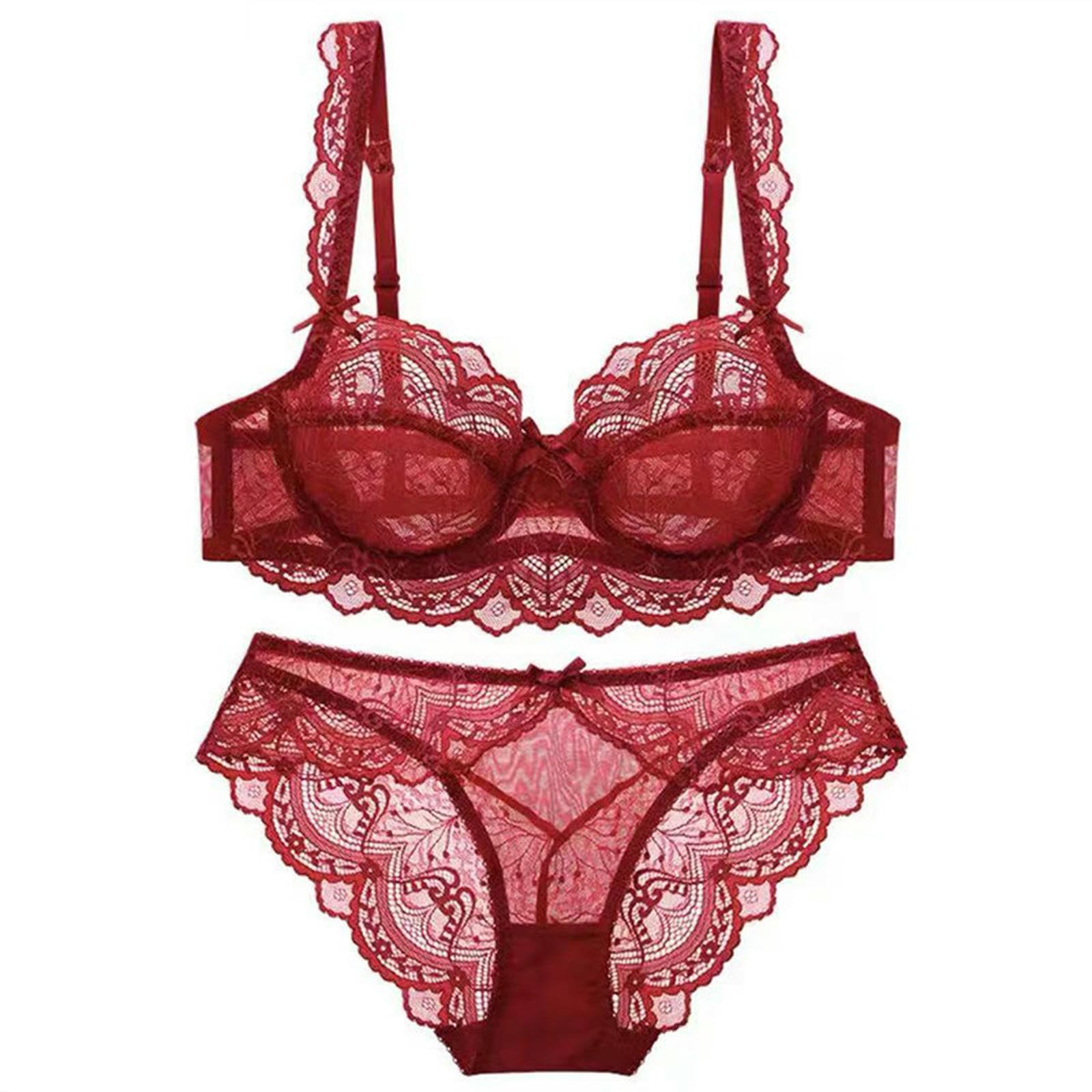 Reggiseni Set Lingerie E Slip in Pizzo, Reggiseno Push-up Puro Sexy, Traspirante Sottile, Taglie Forti -Rosso Anguria-38 85d