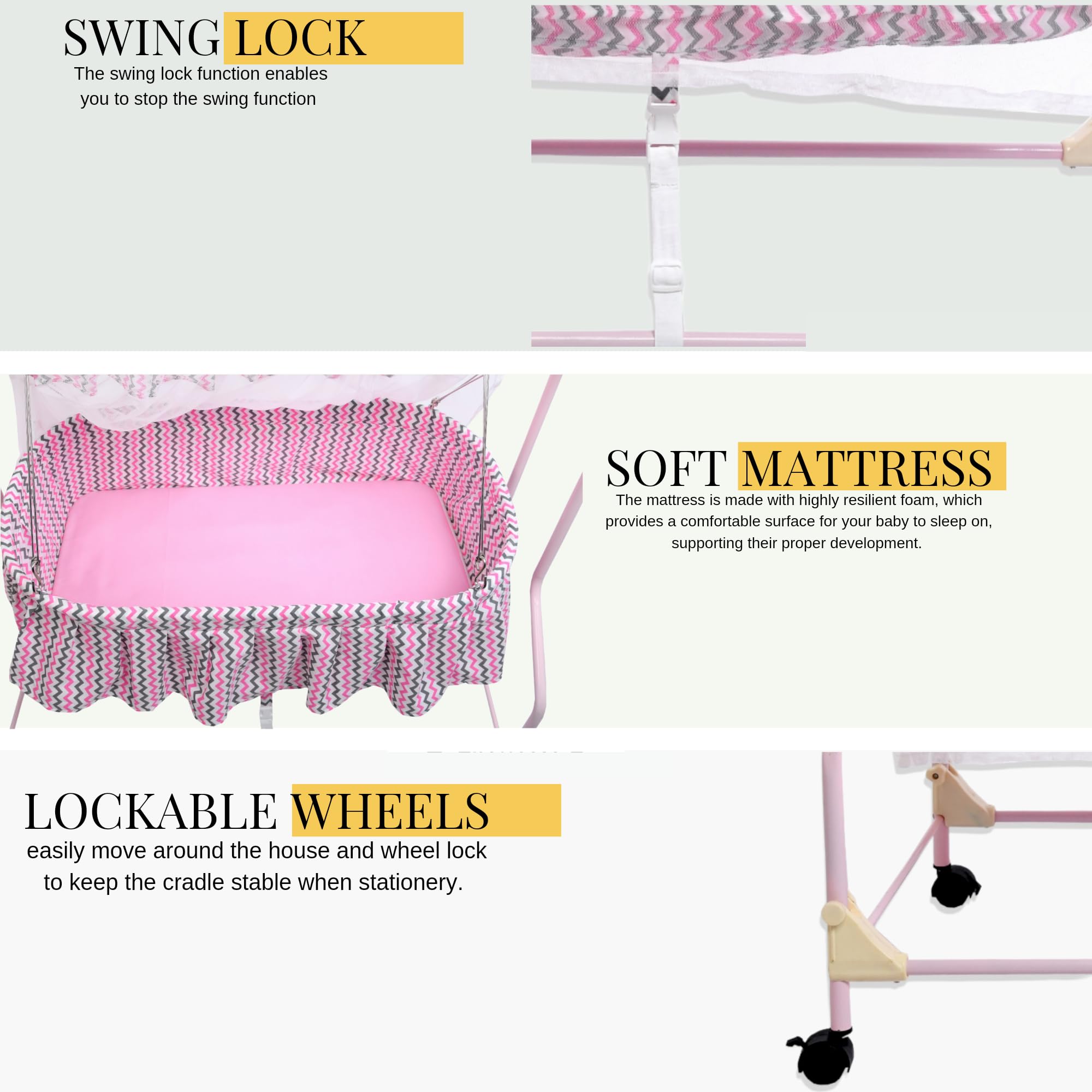 Infanto Cocoon Baby Cradle | Palna | Jhula - Sturdy Metal Frame, Mosquito Protection Net, Lockable Wheels, Swing Lock, Soft Fabric | 0 to 12 Months (Pink) - Image 2 thumbnail