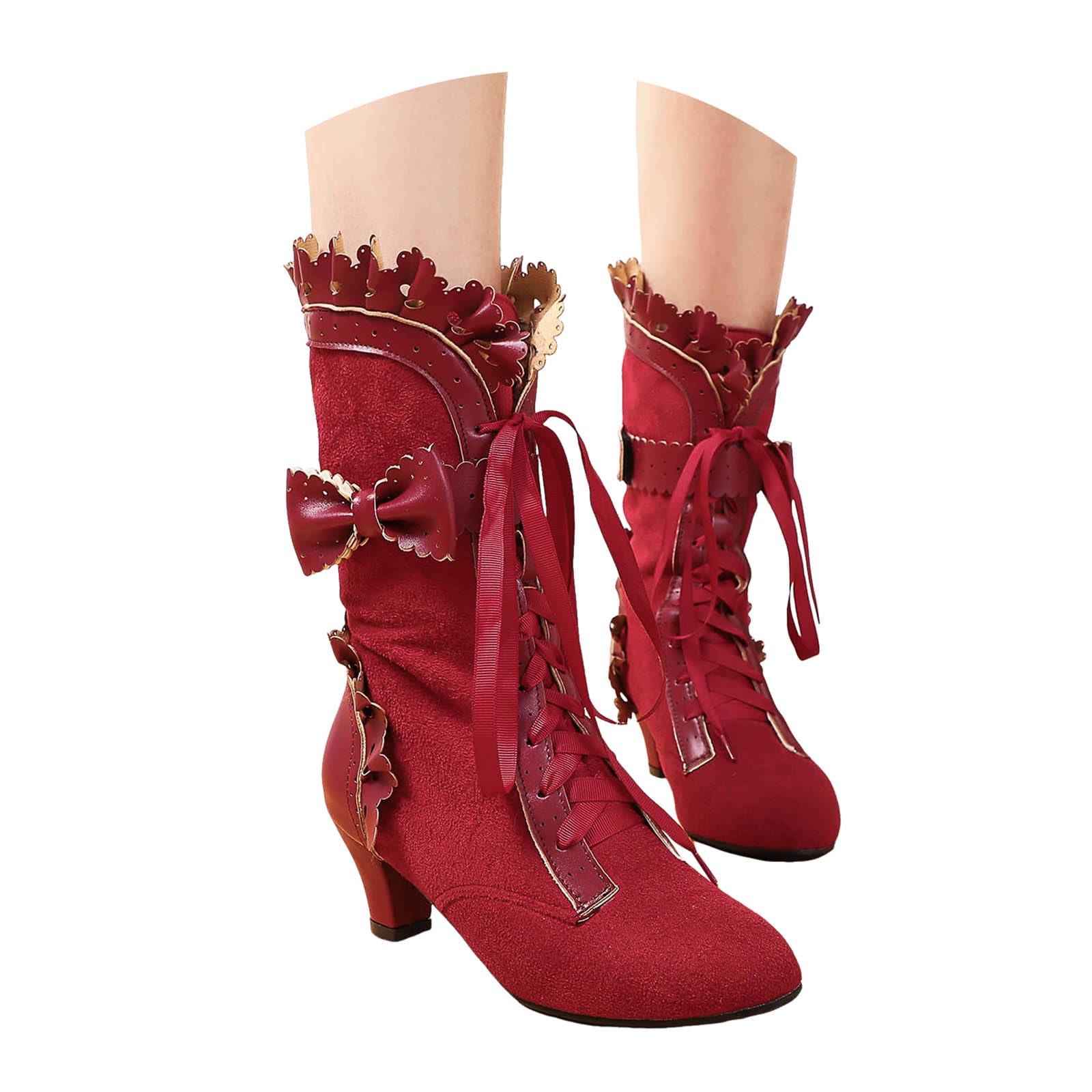 Victorian Boots for Women Chunky Heels Lace up Cute Bow Knot Cosplay Costumes Witch Medieval Renaissance Mid-Calf Goth