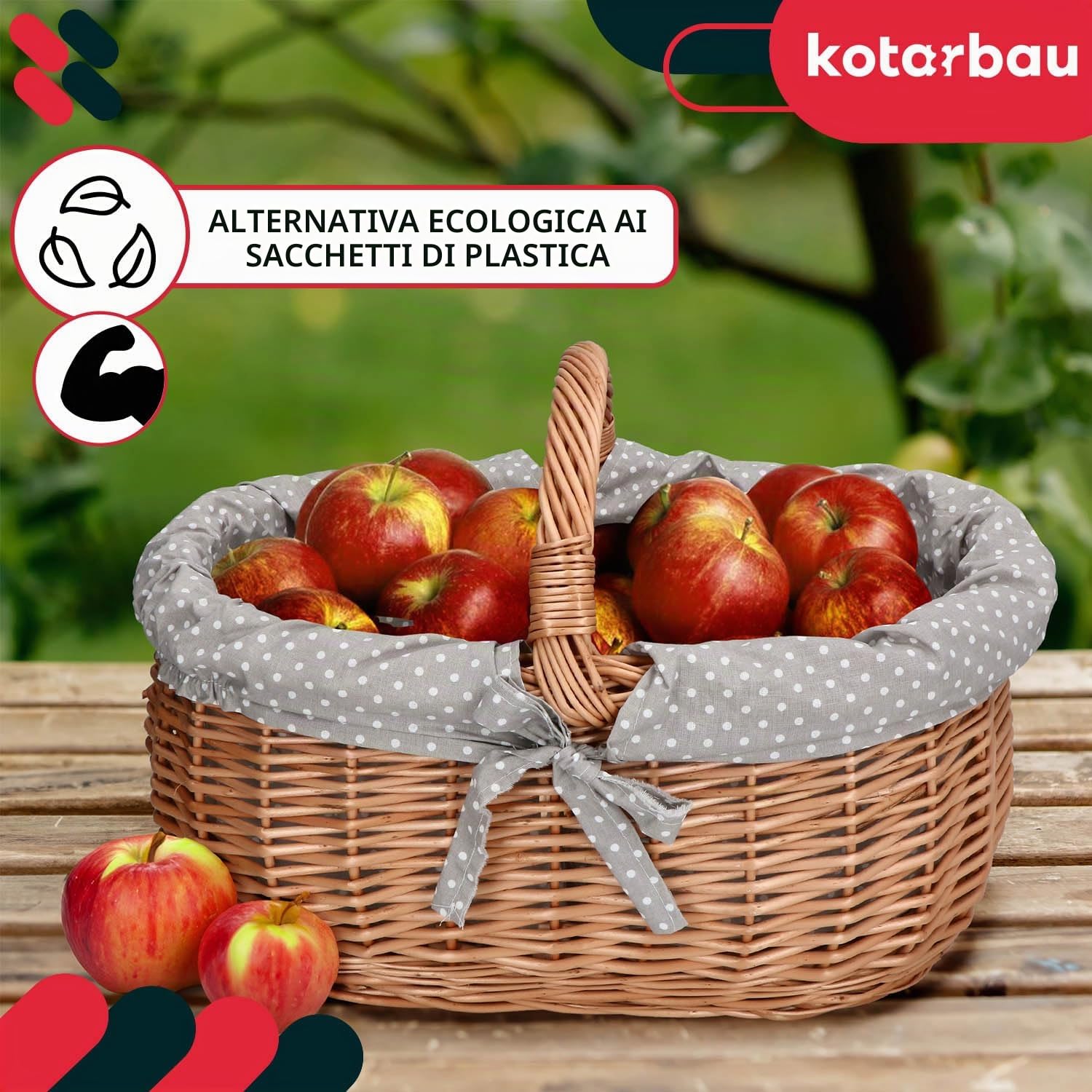 KOTARBAU® Cesto Vimini - con Manico - Cesto Funghi - 47 x 31 x 32 cm - Grigio Naturale - Cestino con Stoffa Interna - Naturale - Grande Capacità - Leggero