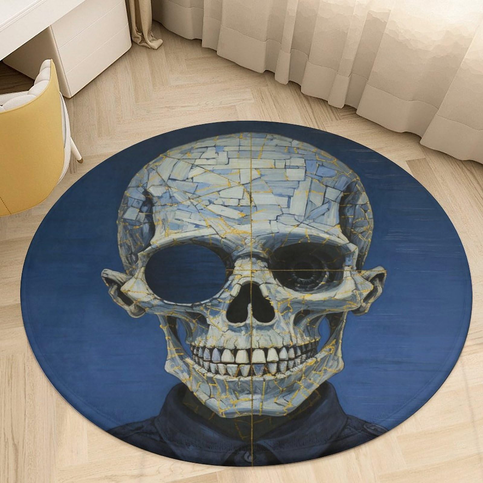 Tapis rond bohème tête de mort 90cm le choix lavable anti-tache pour salle à manger