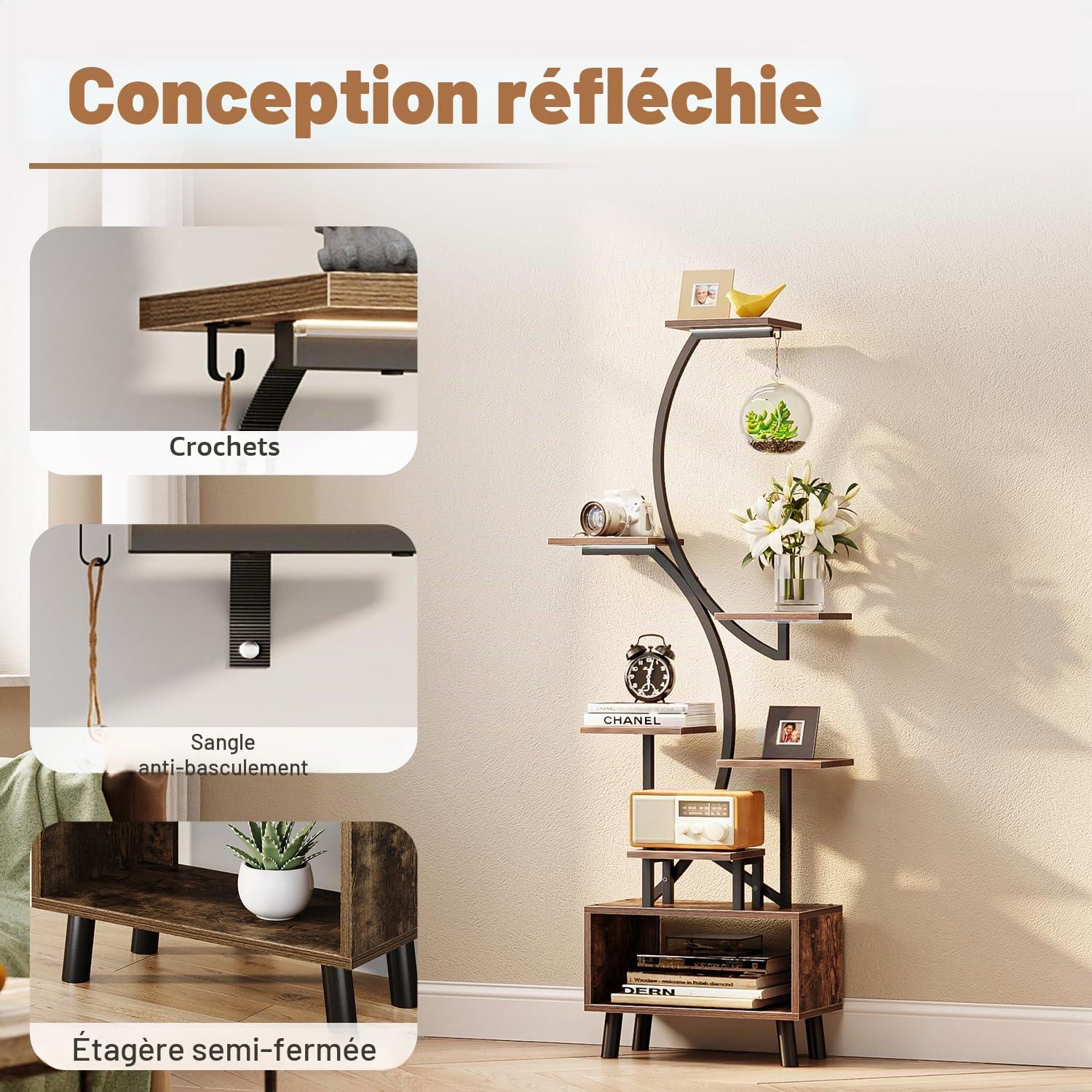 Étagère Plantes 160cm – 8 niveaux, LED croissance, métal + bois