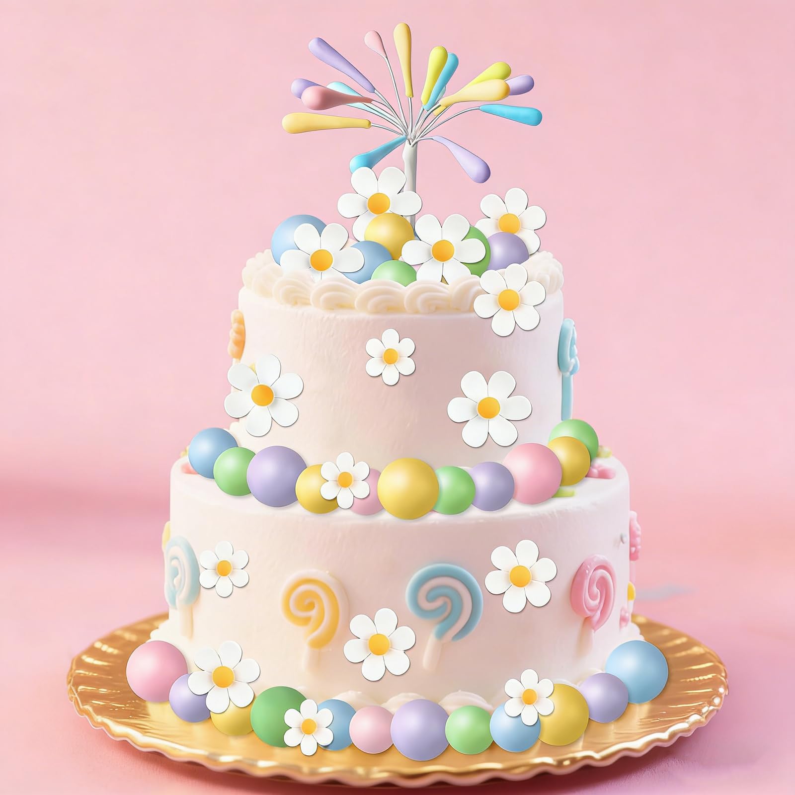 51-Piece Reusable Cake Decorations Set - Firework, Daisy & Ball Toppers with Pastel Colors for Birthday Party Cupcake Decorating