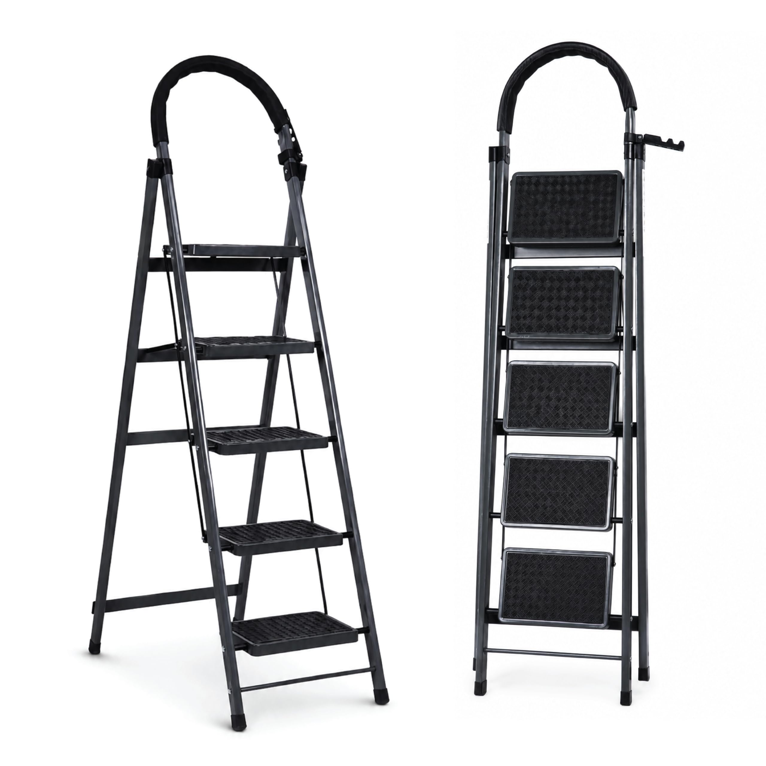 5 step foldable ladder for home | heavy-duty step ladder with built-in tool tray | wide anti-slip steps (20 × 30 cm) | safety lock system | 150 kg load capacity