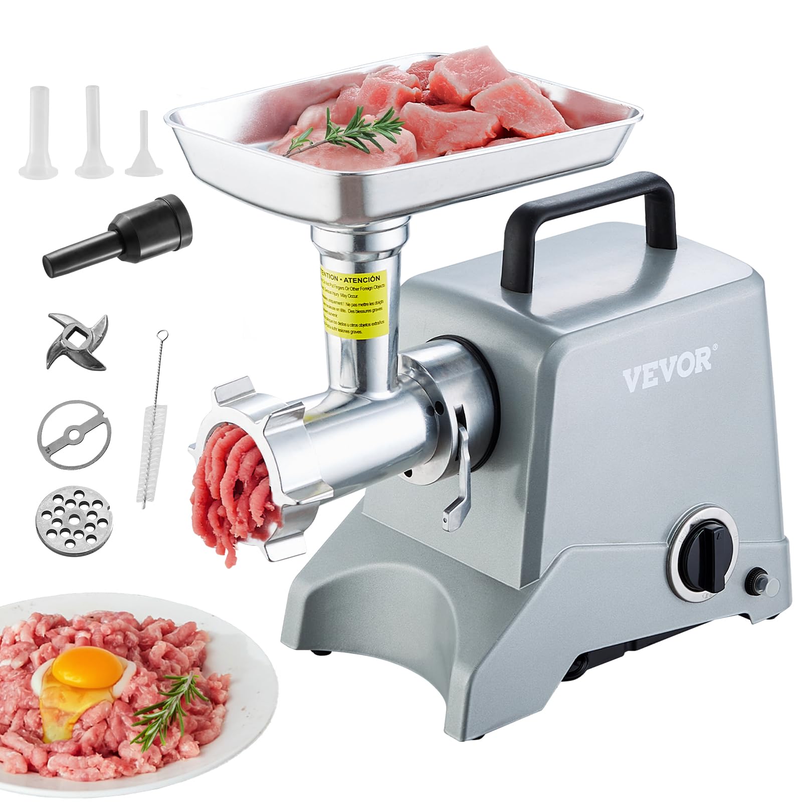 VEVOR Tritacarne Elettrico Industriale con Lama Capacità 2,​27 kg/​min, 575 W (800 W MAX), Piastra di Macinazione, Lama per Insaccare Salsicce e 3 Tubi, Tritacarne Alluminio 440 x 200 x 300 mm