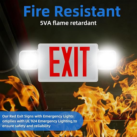 Exit Signs with Emergency Lights,Two Adjustable LED Lights with Backup Battery,Red,94V-0 Fire Resistant,120-277V,Wall Or Ceiling Mount,UL 924 Listed,Exit Sign for Business (6)