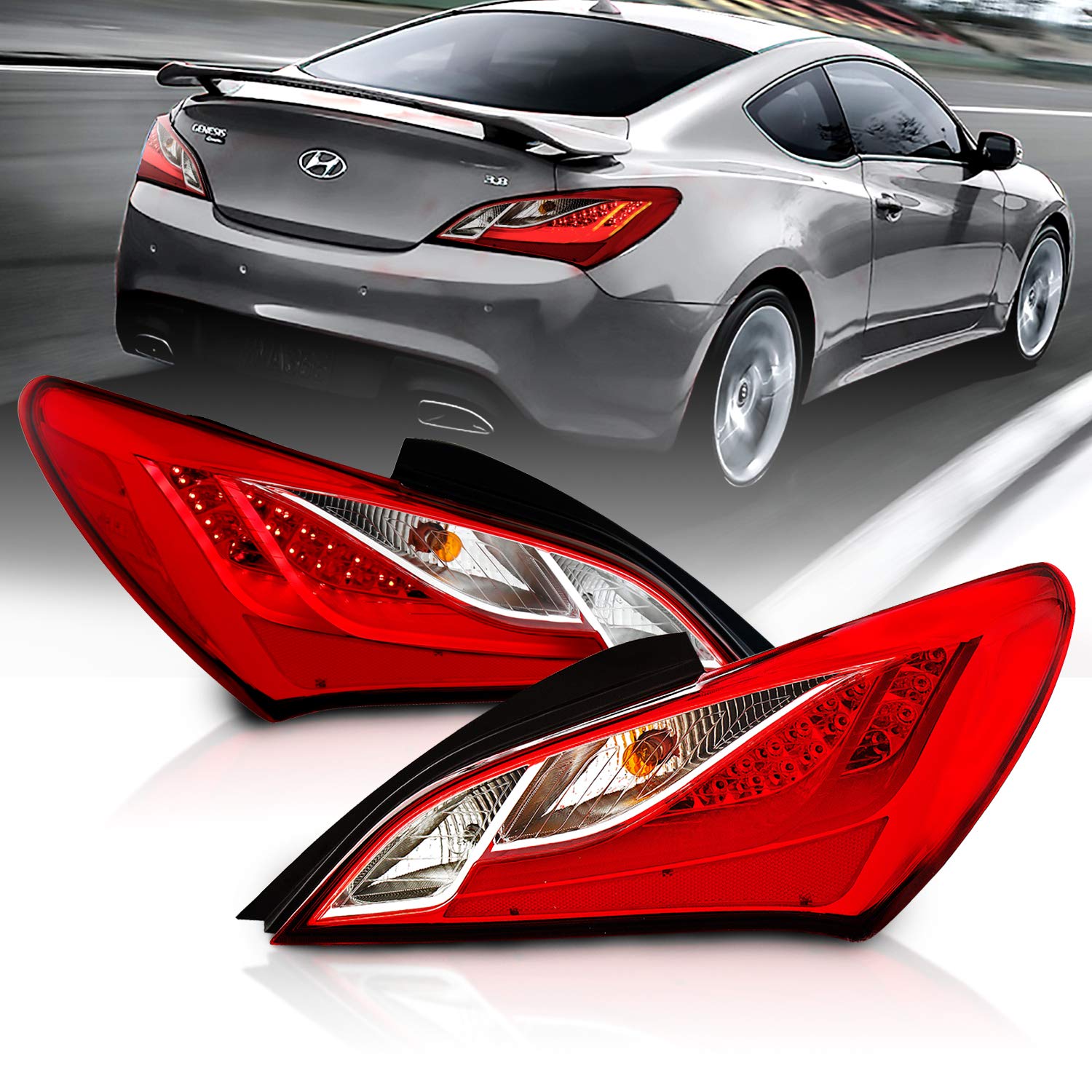 AmeriLite Red Lens LED Bar Replacement Taillights Set For Hyundai Genesis Coupe - Passenger and Driv