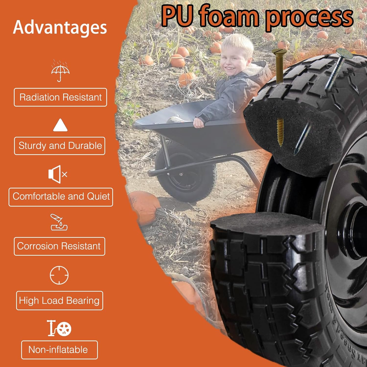 4.80/4.00-8" Tire Flat Free 14.5" x 3.2" (1Pcs) Universal Solid Wheelbarrow Tire with 5/8” Bearings 3” -7” Hub Centered, for 4.80/4.00-8, 3.50/2.50-8, 4.00-6 Wheelbarrow Wheels - Image 6