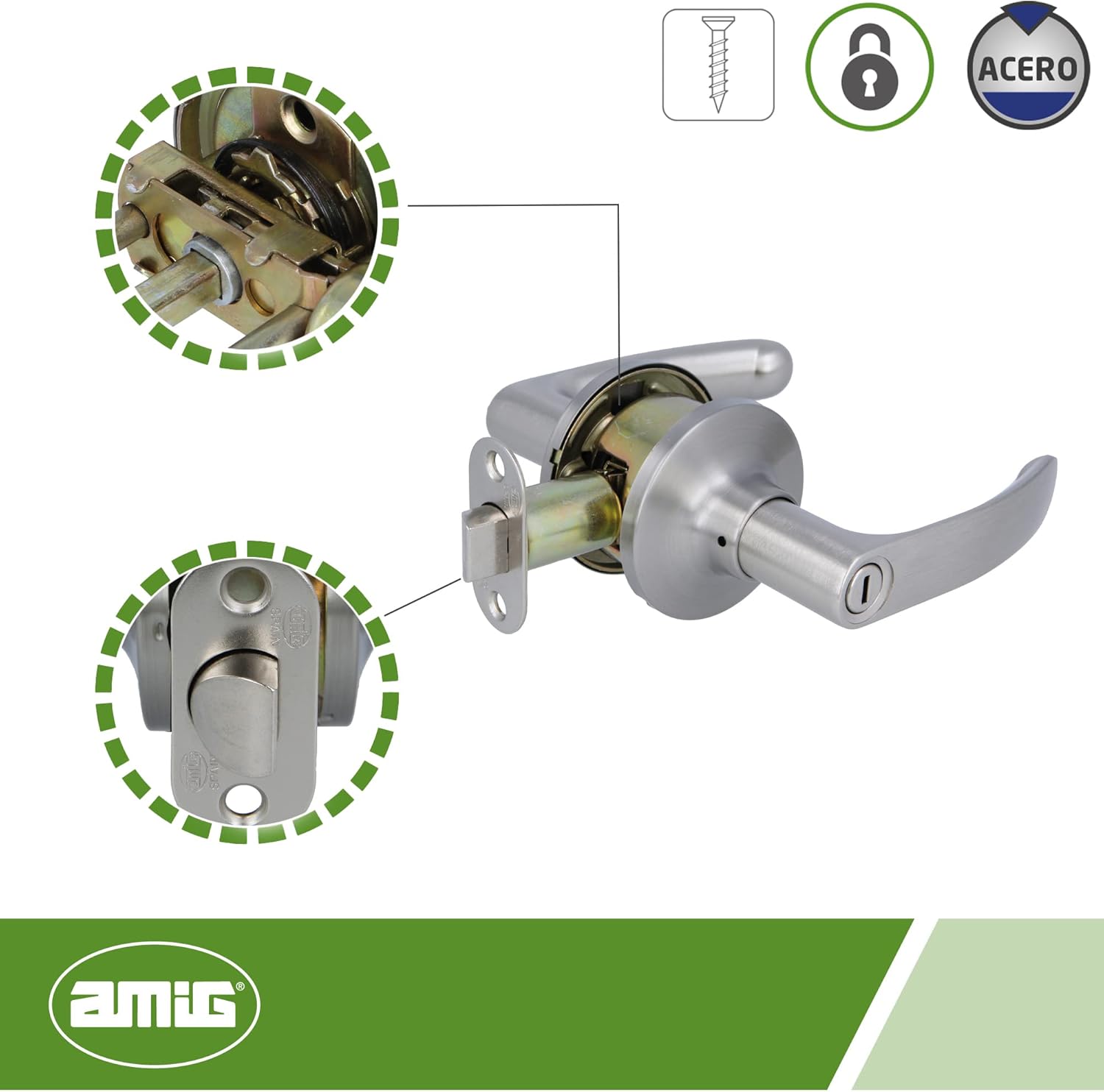 Amig - Door Handle Set with Door Handles | Exterior Key Lock | Ideal for Hotels | Elegant and Simple Design | Steel | Matte Chrome | Entry Lever 60/70 mm