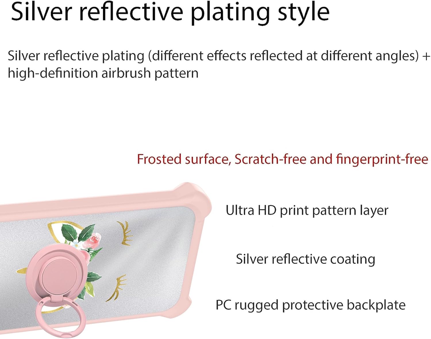 Close-up of the phone case's back, detailing its silver reflective plating style and layered construction: ultra HD print pattern, silver reflective coating, and PC rugged protective backplate.