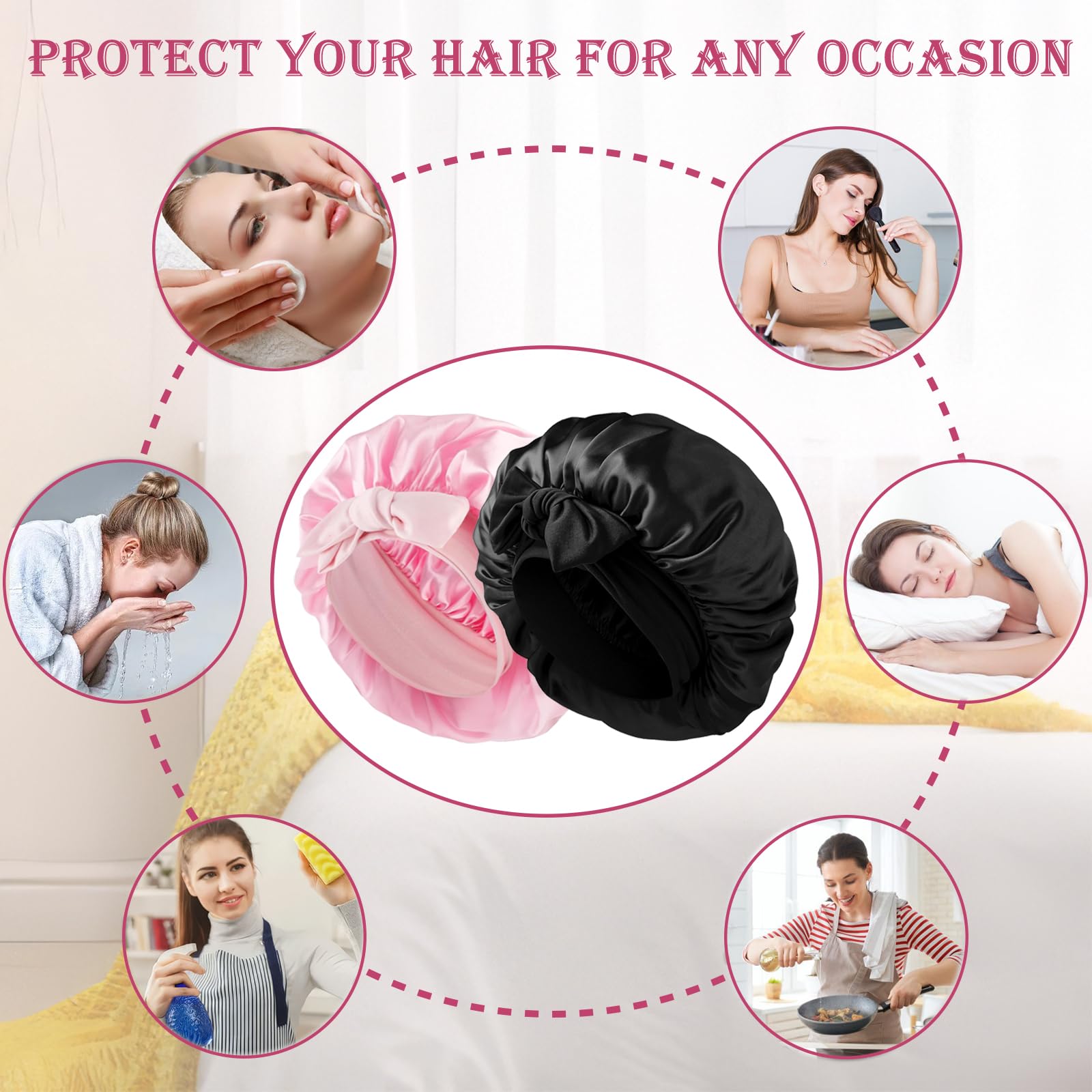 Loomify 2 Pezzi Cuffia Seta Capelli Notte, Bonnets Seta per Capelli Ricci, Cuffia Capelli Ricci Notte per Dormire, Cuffie di Seta con Laccetti per Donna Ragazza (Nero/Rosa)