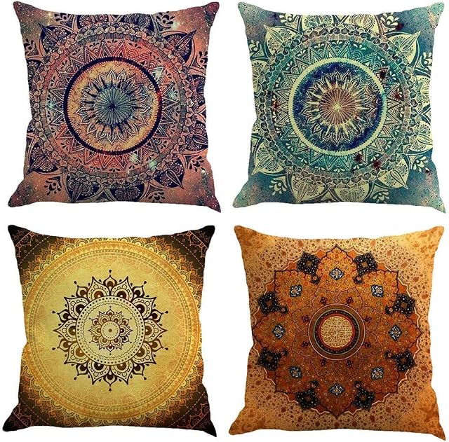 Freeas Set of 4 Mandala Throw Pillow Covers Bohemian Decorative Square 18 x 18 Inch 45 x 45 cm Boho Cushions for Home Decor Design Sofa Bedroom Car Floral Outdoor Cushions (B)