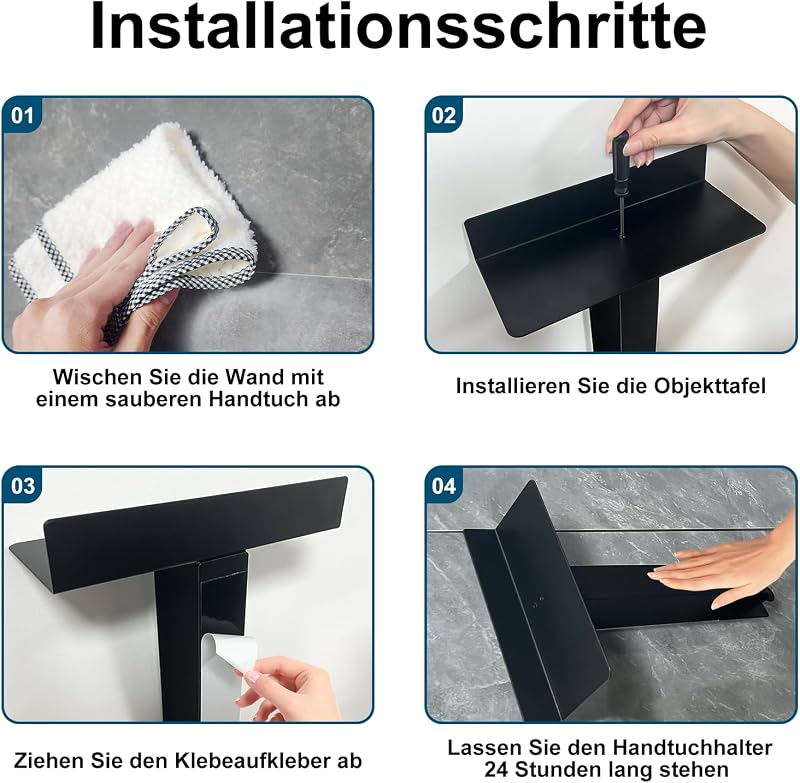 Diwoker Öntapadós Törölközőtartó Polccal - 42 cm Matt Fekete Fürdőszobai Fali Törölközőtartó Akasztókkal, Fúrás Nélkül Rögzíthető, 3 kg Tehe