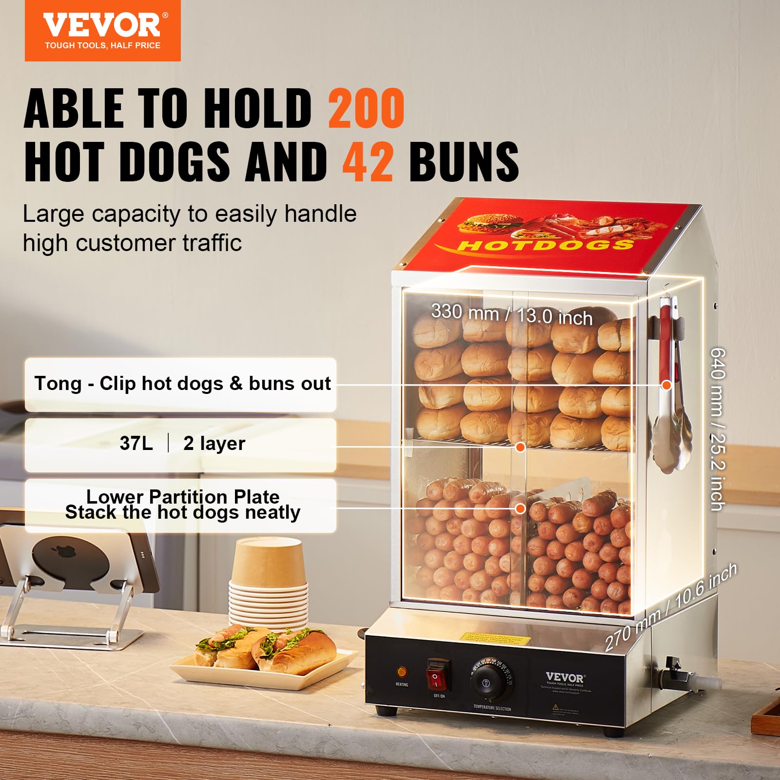 VEVOR Macchine per Hot Dog a Vapore 37L da 2 Ripiani, Controllo Temperatura 30℃~85℃, Macchina Scalda Panini Elettrico con Porte Scorrevoli in Vetro Temperato Piastra Divisoria per Hot Dog Panini