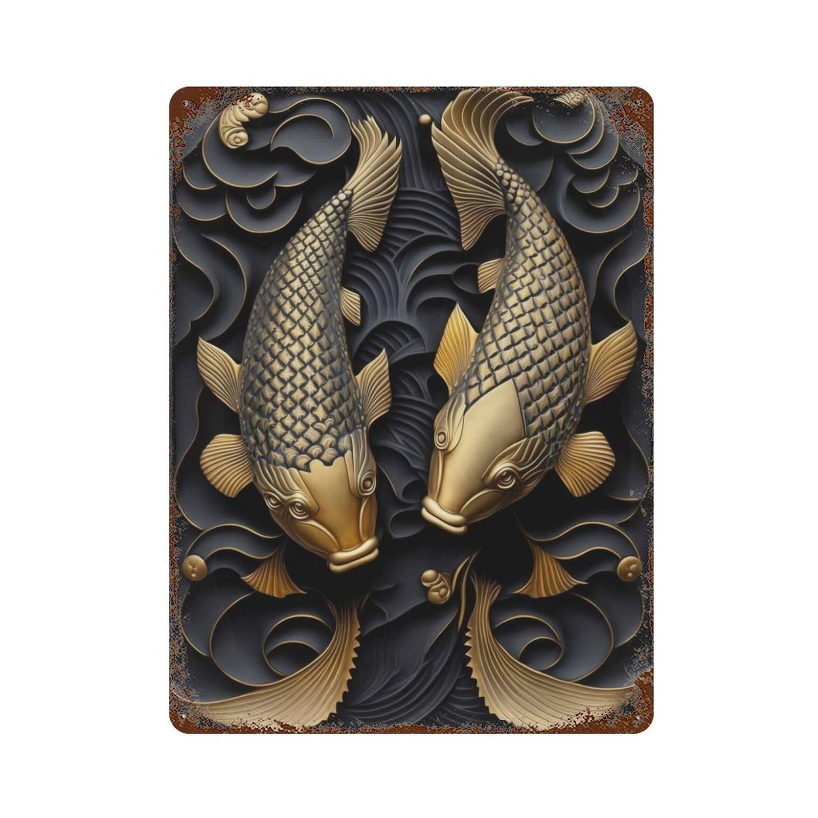 Rusty Metal Tin Sign with Koi Fish Gold Relief Deco Design 15.7"x11.8", for Shed, Workshop And Garage Wall Decor, Classic Wall Plaque