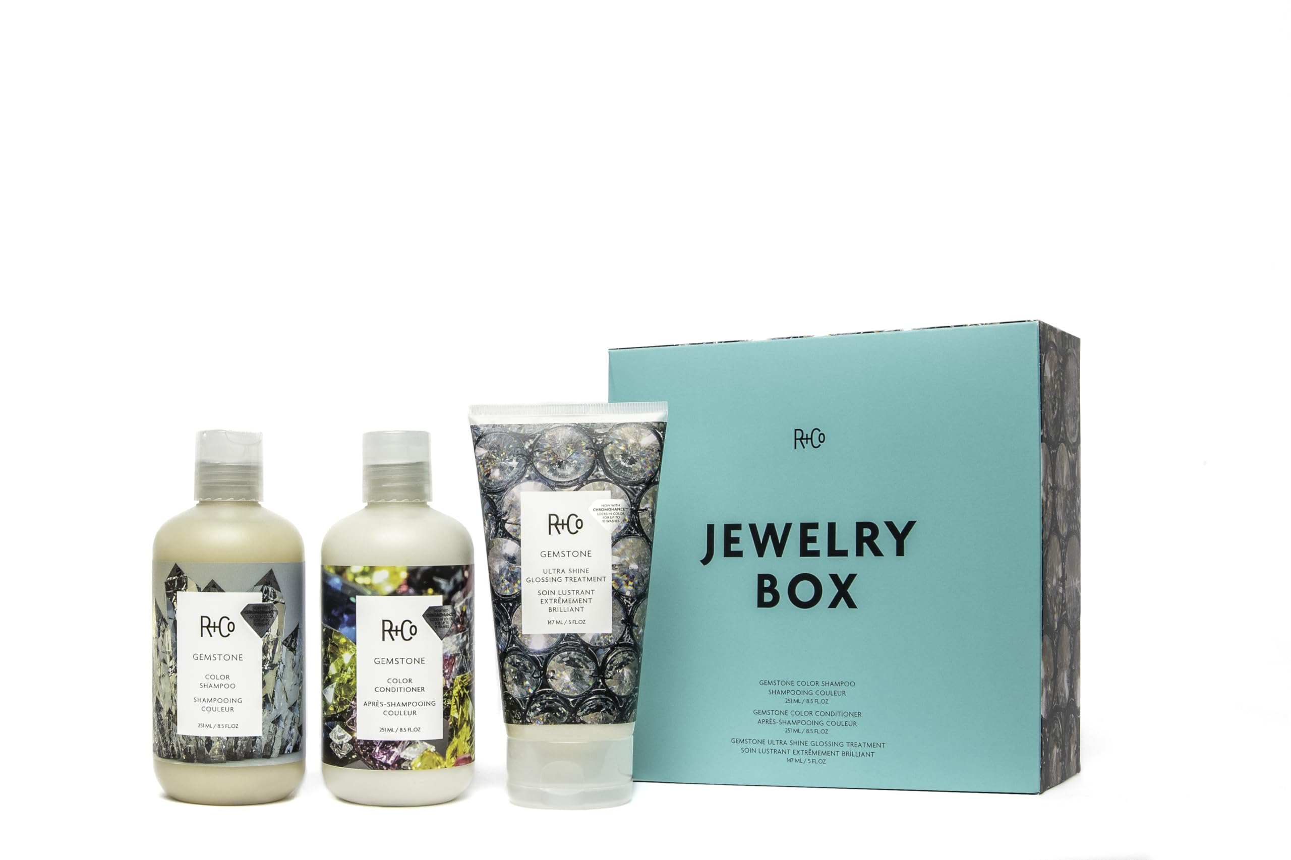R+Co JEWELRY BOX Kit – Color-Protecting Hair Set | Includes GEMSTONE Color Shampoo (8.5 oz), Conditioner (8.5 oz) & Ultra Shine Glossing Treatment (5 oz) | Vegan, Sulfate-Free | Limited Edition