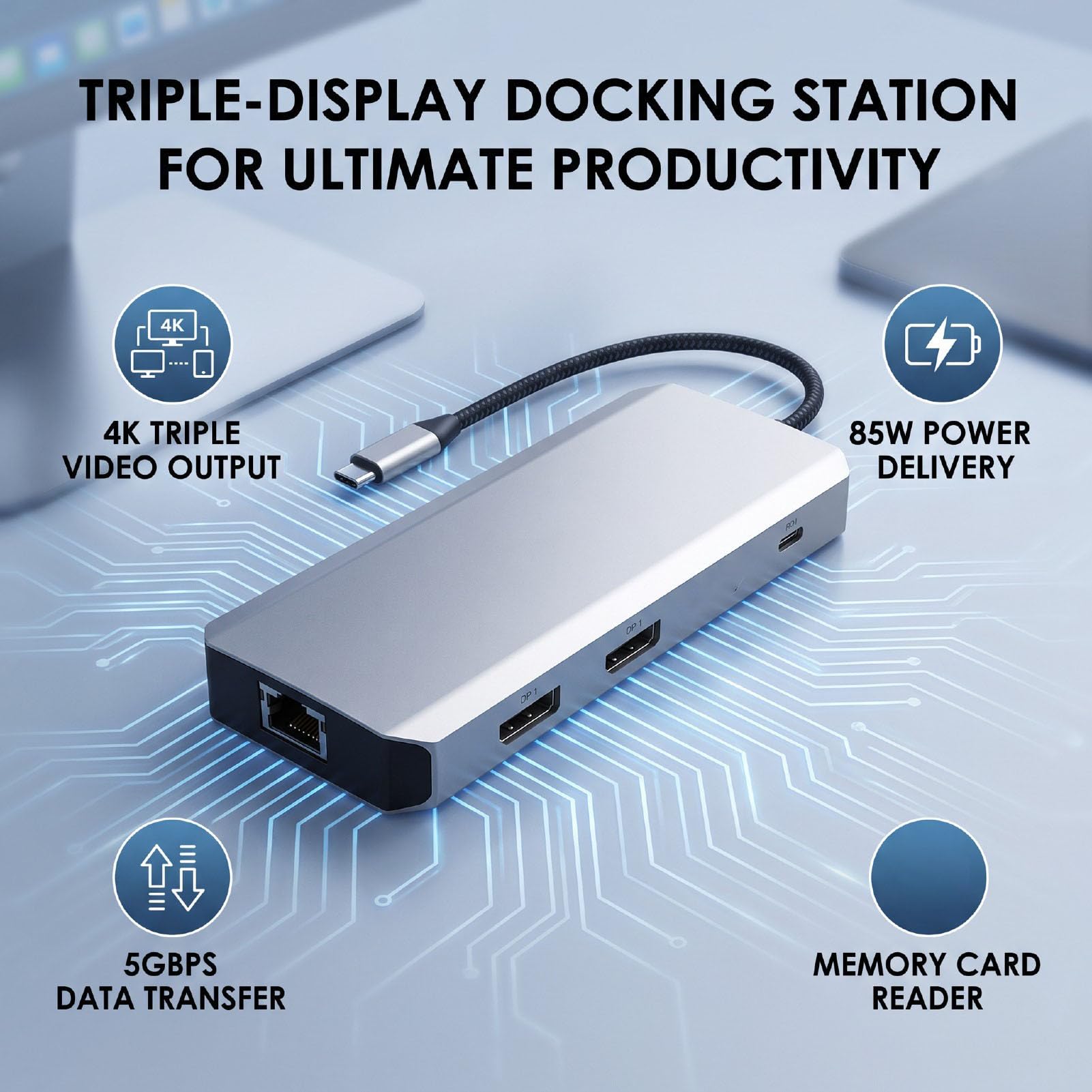 Cryfokt USB C Docking Station Triple Display 4K 60Hz, 85W Aluminio