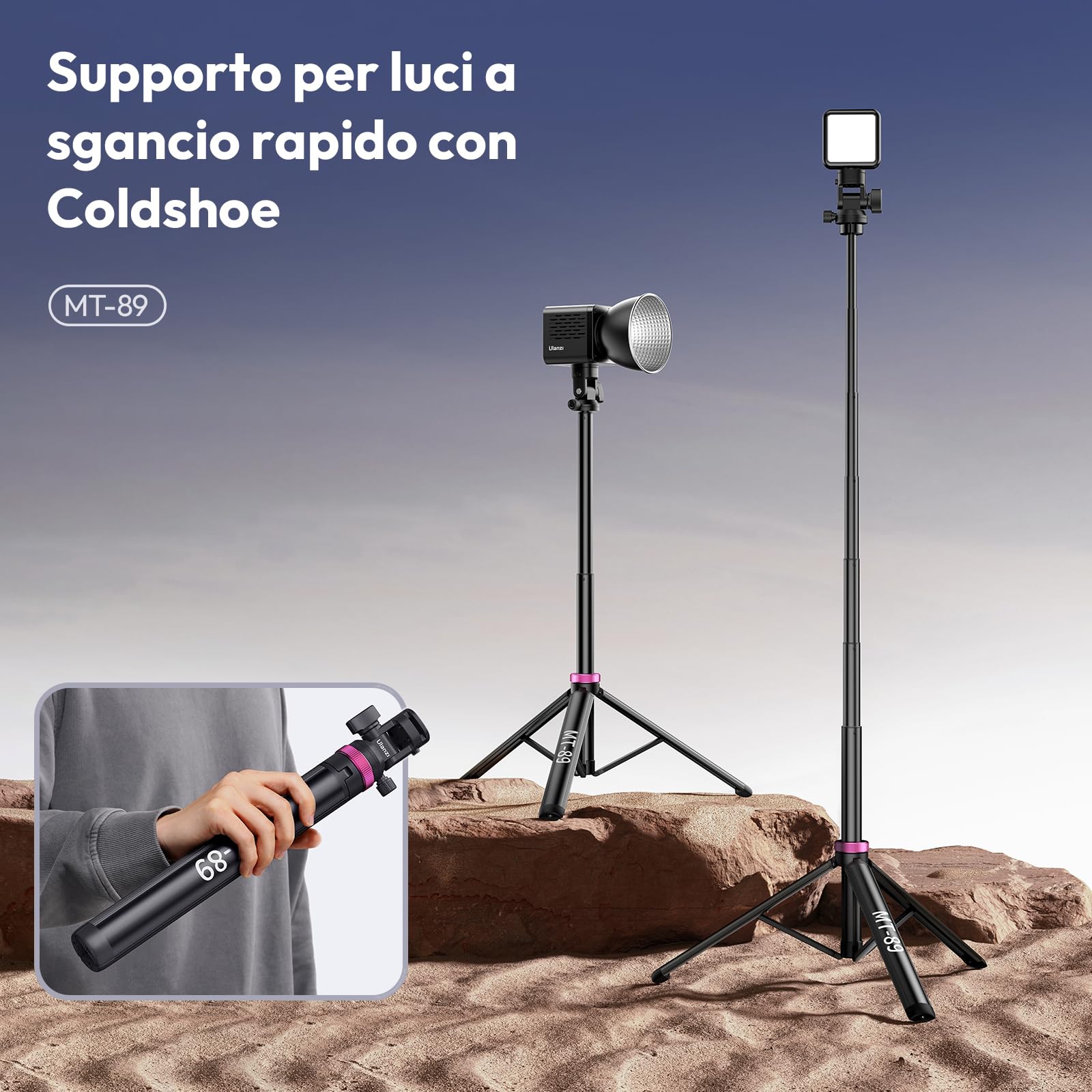 ULANZI MT-89 stativo fotografico compatto da 208,3 cm con vite da 1/4" a sgancio rapido, capacità di carico 1kg, treppiede estensibile regolabile in alluminio, con testa a sfera a 360°