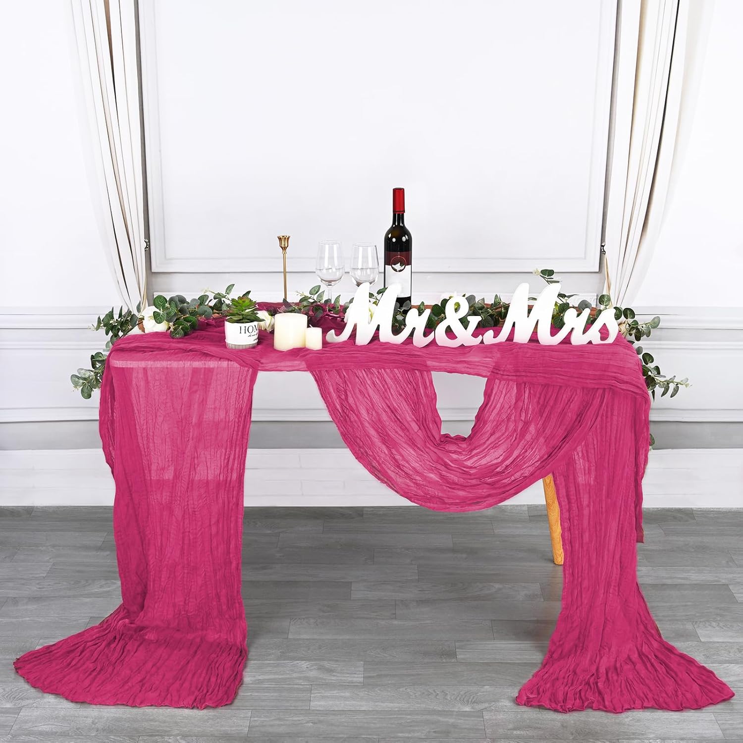 12 Pack 10Ft Hot Pink Cheesecloth Table Runner 35 x 120 inch Boho Gauze Cheese Cloth Table Runner Vintage Rustic Sheer Runners for Wedding Bridal Shower Birthday Party Cake Table Decorations