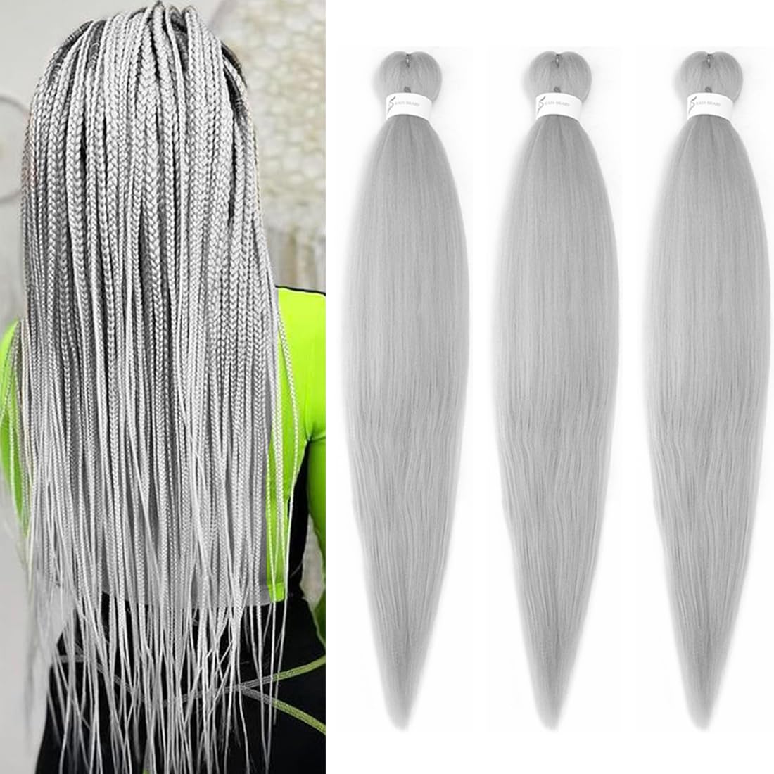 Pre Stretched Braiding Hair Extensions 3 Packs 20 Inch Gray Braiding Hair Synthetic Braids Hair Extension for Women Hot Water Setting(20Inch,Gray)