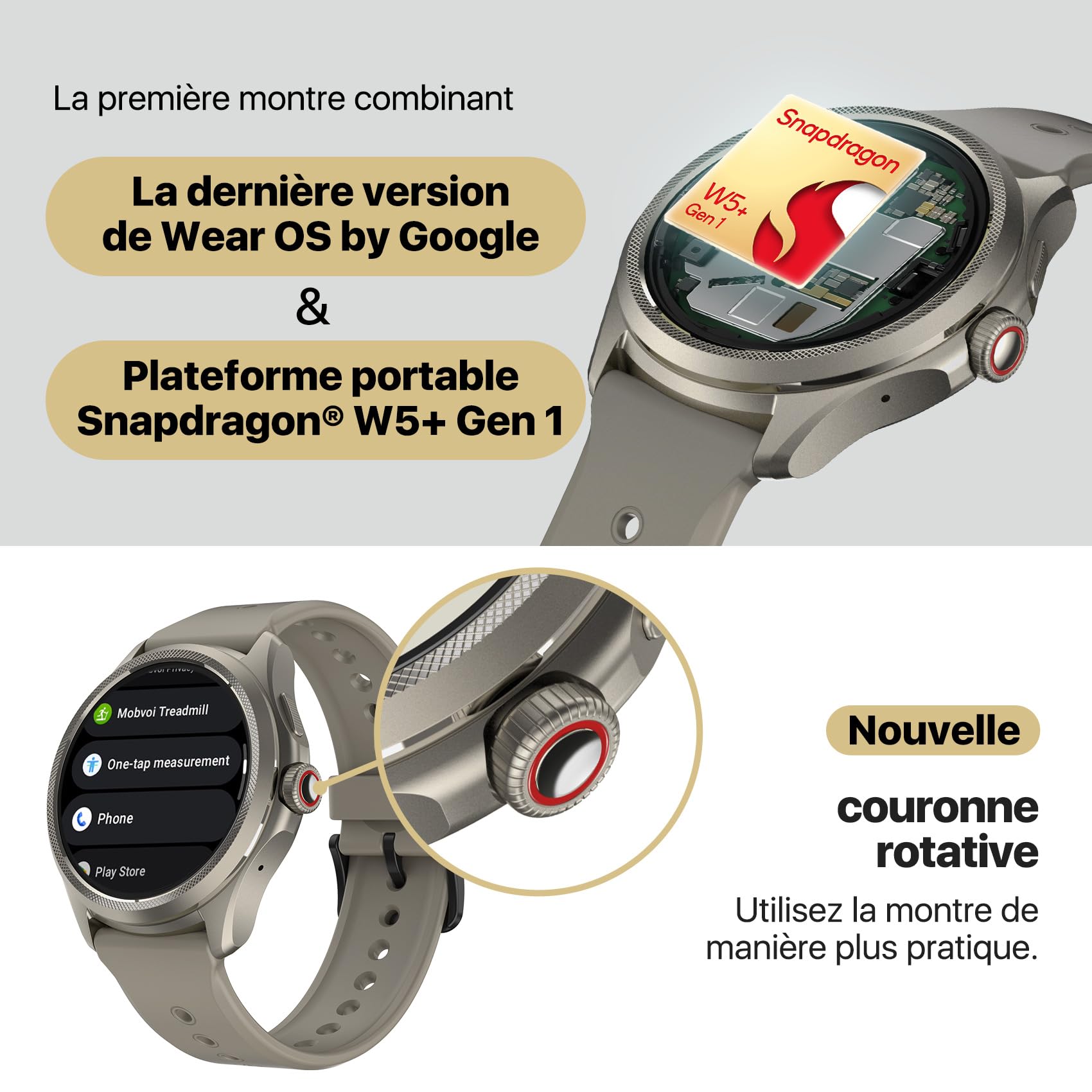 Ticwatch Pro 5 Montre Intelligente Android Snapdragon W5+ Gen 1 Wear OS Smartwatch Jusqu'à 80 Heures d'autonomie Santé Fitness Suivi Résistance à l'eau 5 ATM Non Compatible avec l'iPhone