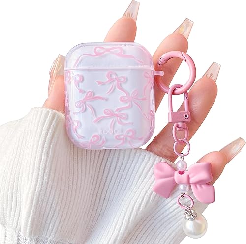 Lovmooful Funda compatible con AirPods 21, bonita cinta transparente con bonito diseño de cadena de perlas para mujeres y niñas, funda protectora de