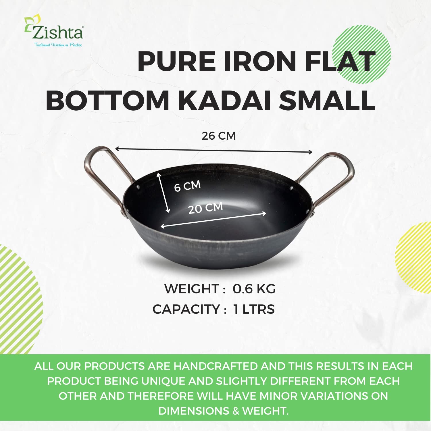 Zishta Pure Iron Flat Bottom Kadai (Small) | Traditional Flat Bottom Iron Kadai & Frying Pan | Induction and Gas Stove Compatible | Flat Bottom Kadai Zishta | Iron Kitchenware Kadai Flat (Dia: 20cm, L: 26cm, Cap: 1L, H: 6cm, 0.6 Kg) 1