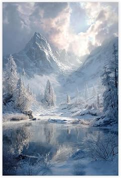 Frosty Winter Mountain Wall Art Serene Snowy Peaks And Frozen Lake Print, Magical Winter Landscape Home Decor Poster for Room Aesthetics Canvas Wall Art Print Unframe 12x18inch