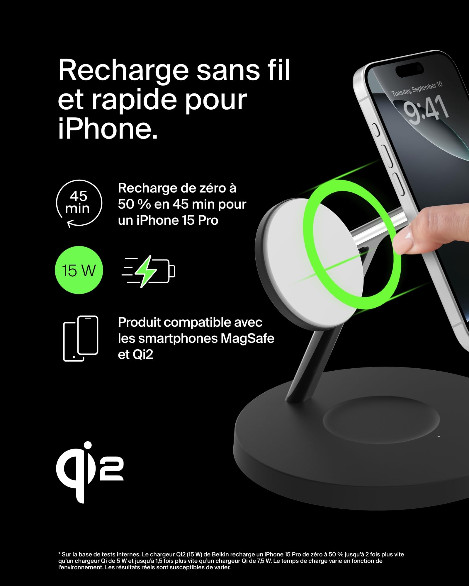 Belkin BoostCharge Station de Recharge 3-en-1 avec Qi2, Chargeur MagSafe Compatible pour Les modèles de l'iPhone 17, iPhone Air, Apple Watch, AirPods, Pixelsnap, Adaptateur Inclus - Noir