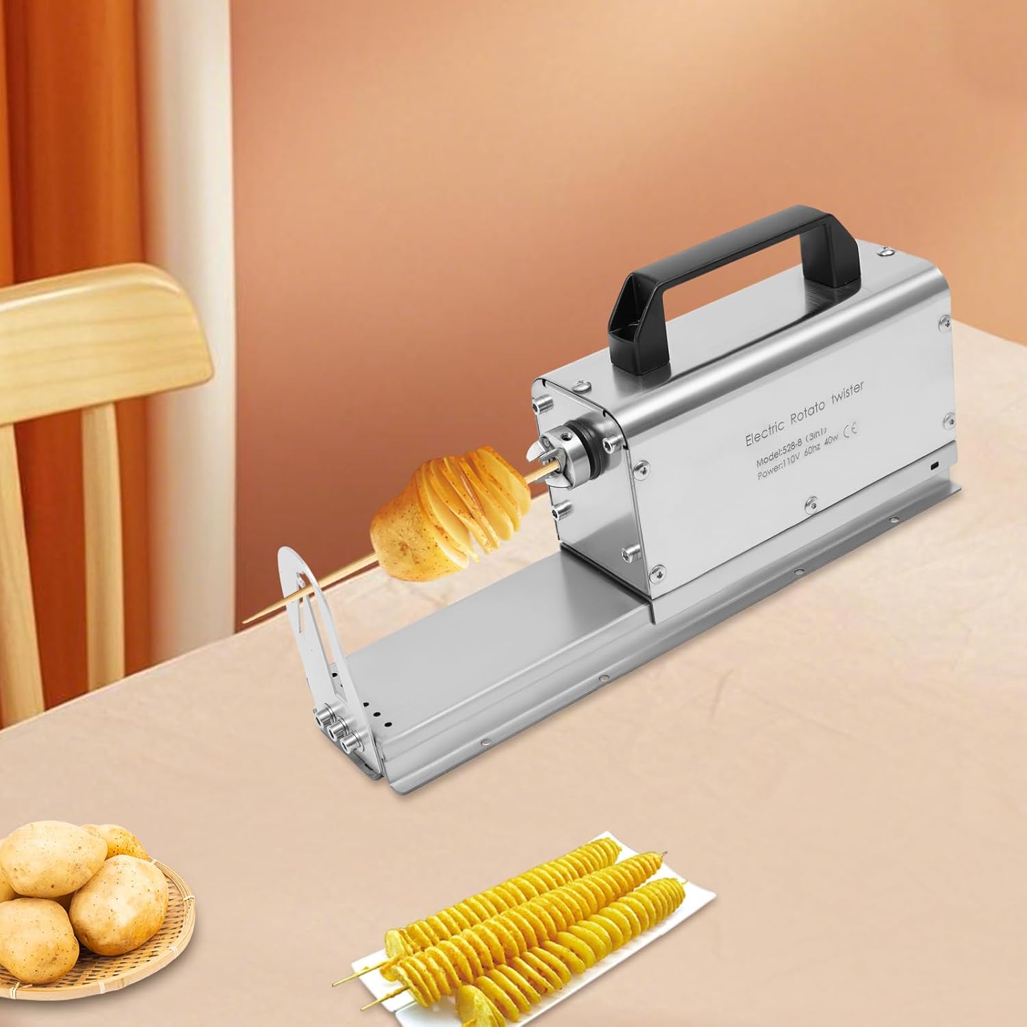 3 in 1 Electric Potato Twister, 110V Spiral Potato Slicer Machine with 2 Blades, Commercial & Home Use Tornado Cutter for Potatoes, Carrots, Cucumbers, 0.078" & 0.098" Slice Thickness