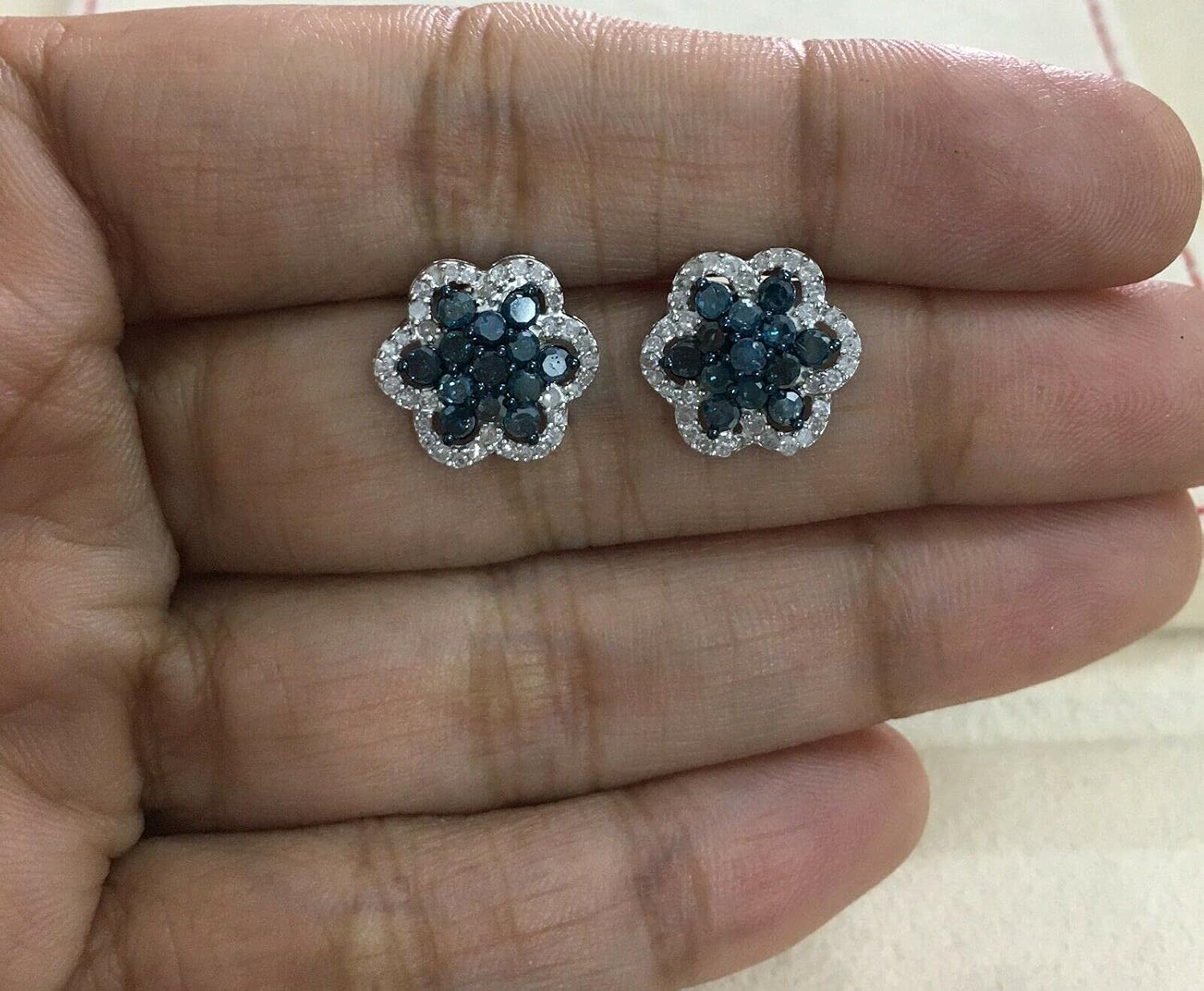 1.16 Cttw Round Cut White & Color Enhanced Blue Natural Diamond Flower Stud Earrings 925 Sterling Silver, G-H Color and P2 Clarity, Prong Set, Push Back