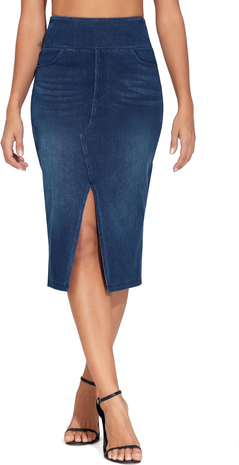 THE GYM PEOPLE Women's High Waisted Stretchy Jean Skirts Front Slit Midi Denim Skirt with Pockets - Image 2