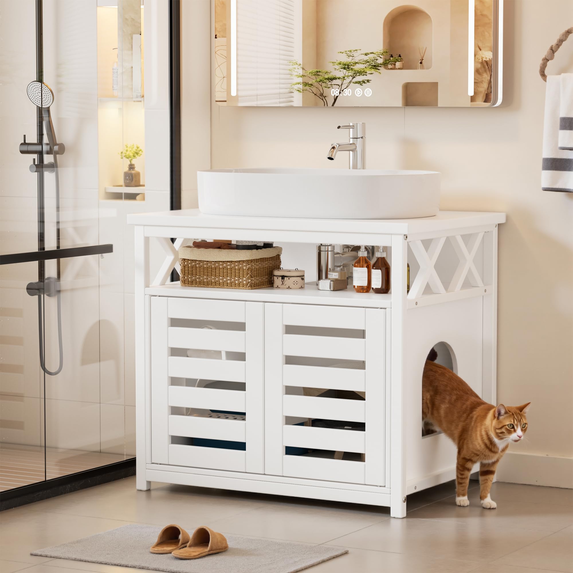 2 in 1 Casa di toilette per gatti e mobili sotto lavabo, mobile per animali persiani, armadio per lettiera per gatti con 2 porte, mobili per lettiera, 65 x 45 x 60 cm,lavello in ceramica non incluso